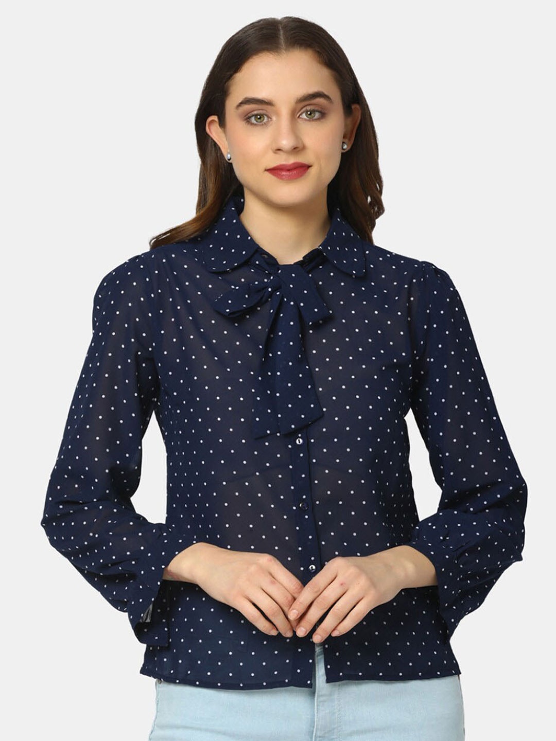 

V-Mart Polka Dot Printed Tie-Up Neck Shirt Style Top, Navy blue