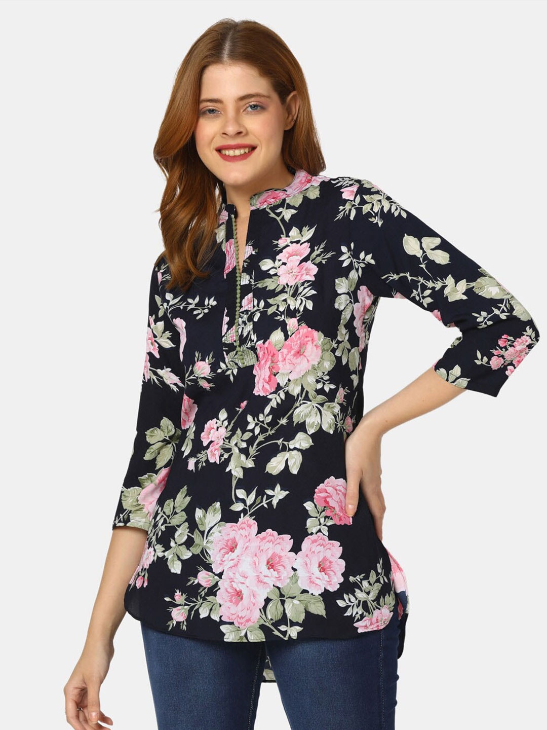 

V-Mart Floral Printed Mandarin Collar Longline Top, Navy blue