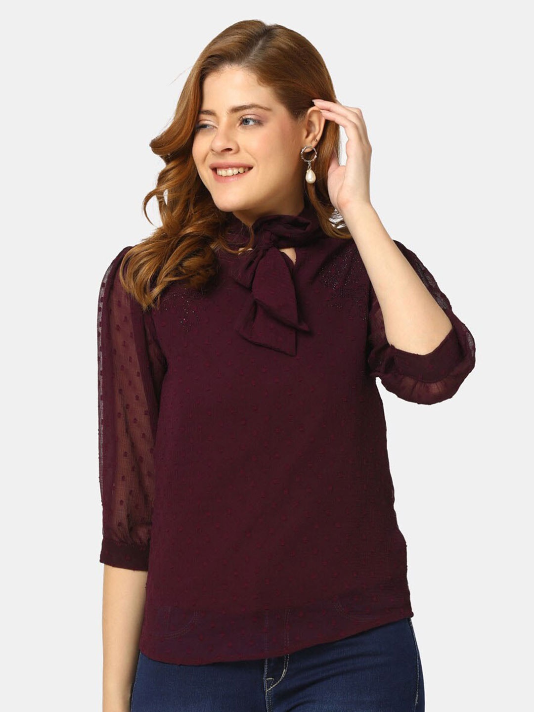 

V-Mart Self Design Tie-Up Neck Georgette Top, Maroon