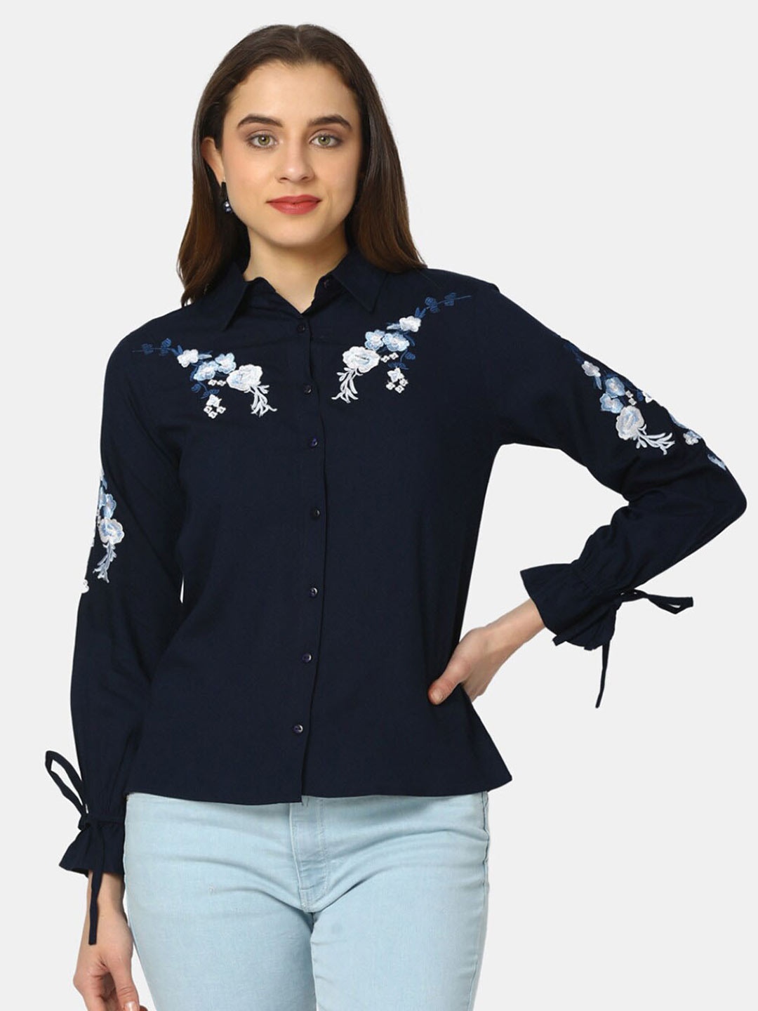 

V-Mart Shirt Collar Floral Embroidered Shirt Style Top, Blue