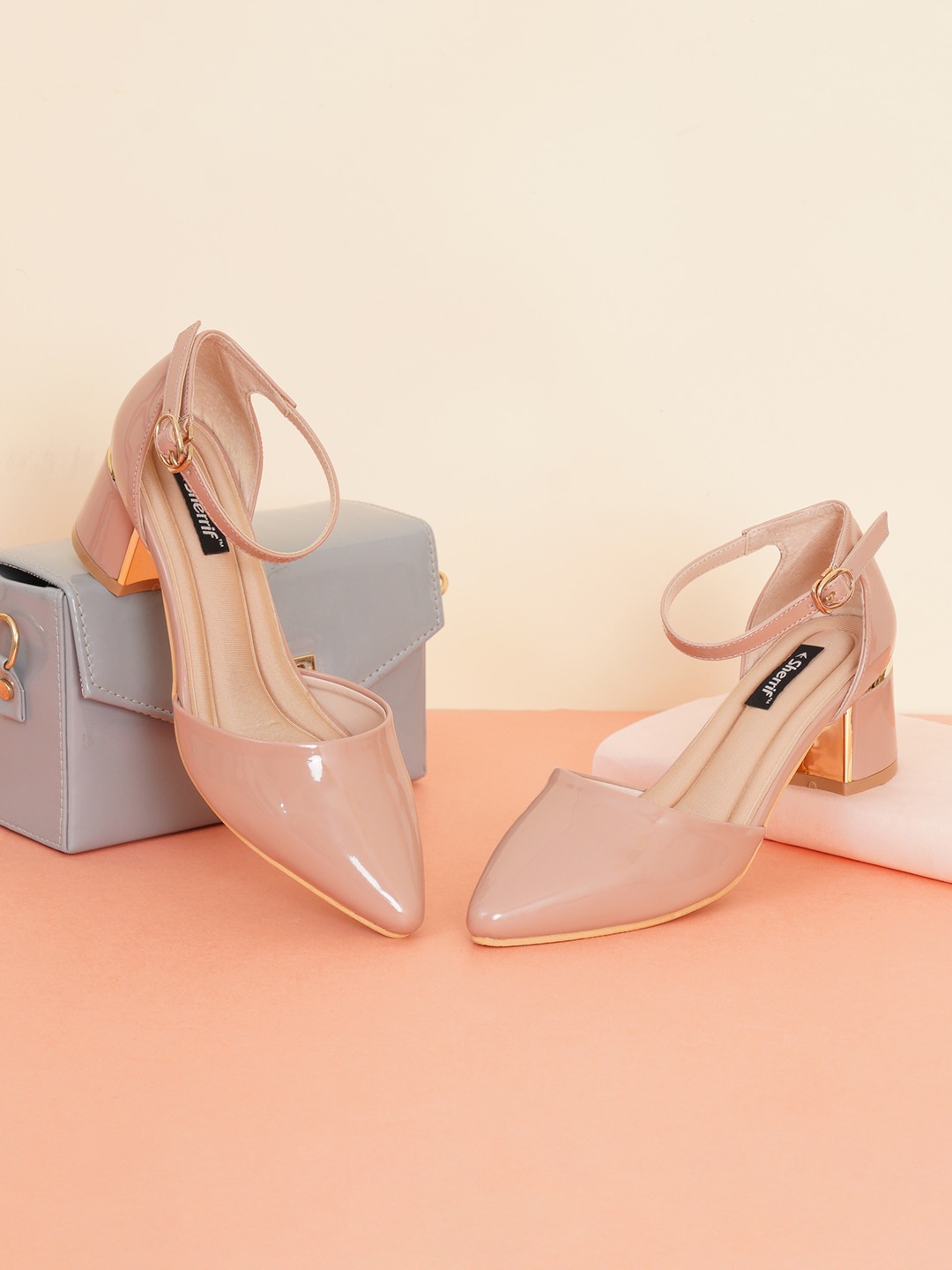 

Sherrif Shoes Pointed Toe Block Heels With Ankle Loop, Nude