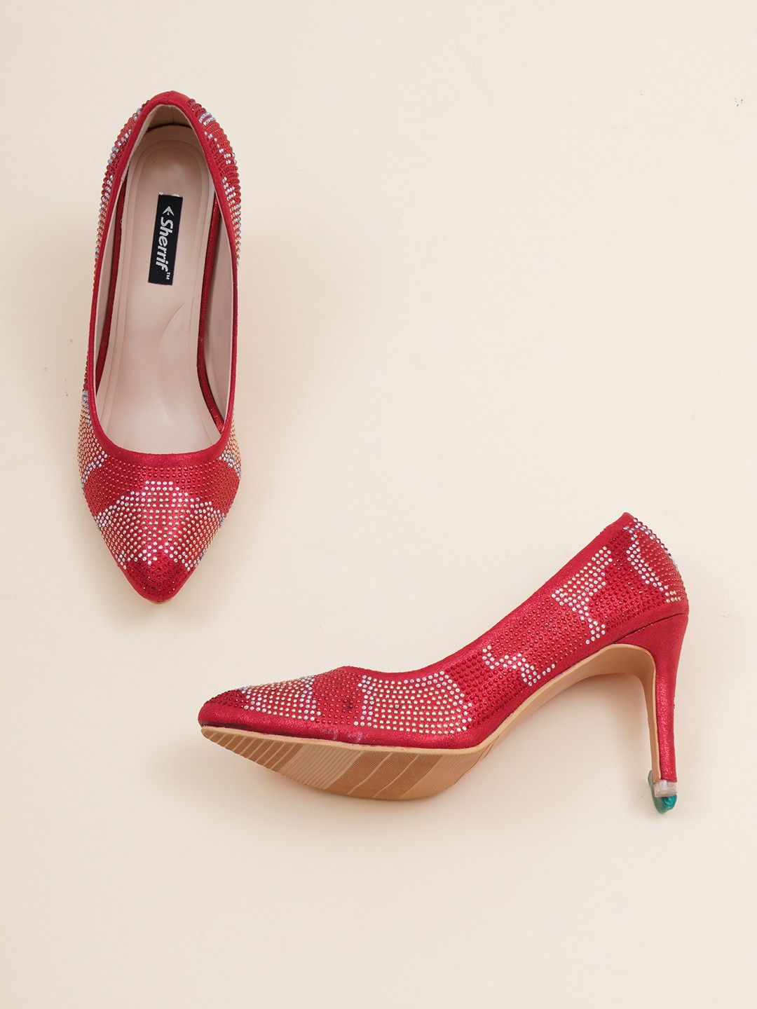 

Sherrif Shoes Embellished Pointed Toe Stiletto Pumps, Red