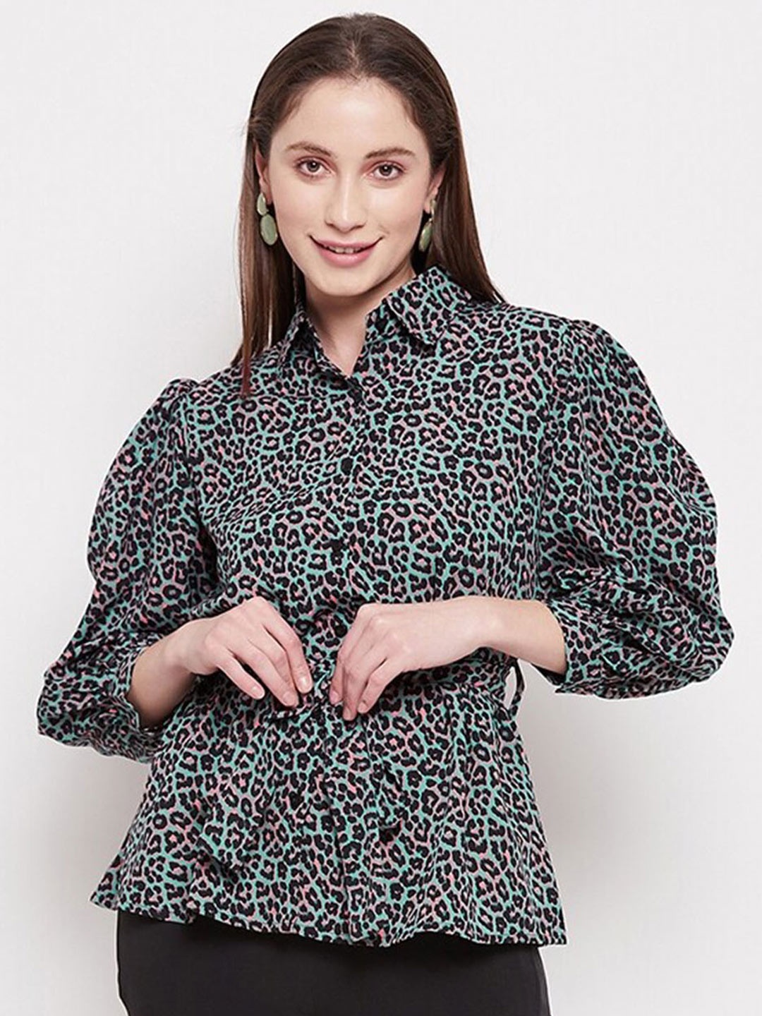

Fashfun Spread Collar Animal Printed Crepe Shirt, Black