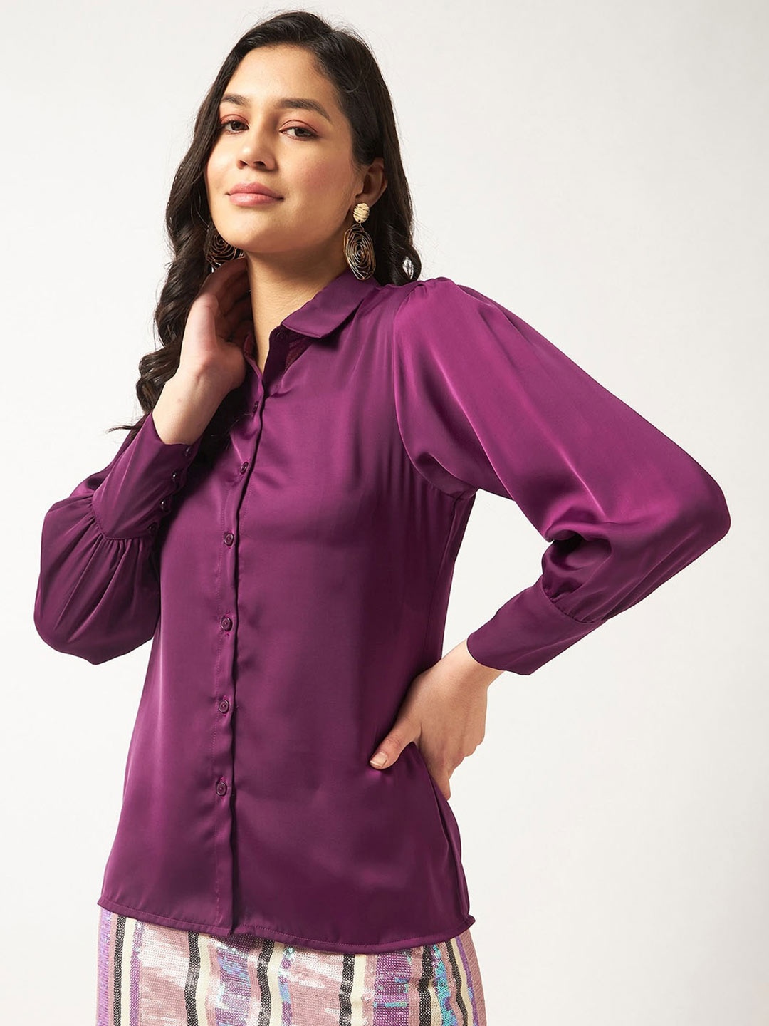 

Zima Leto Cuffed Sleeves Shirt Style Top, Purple