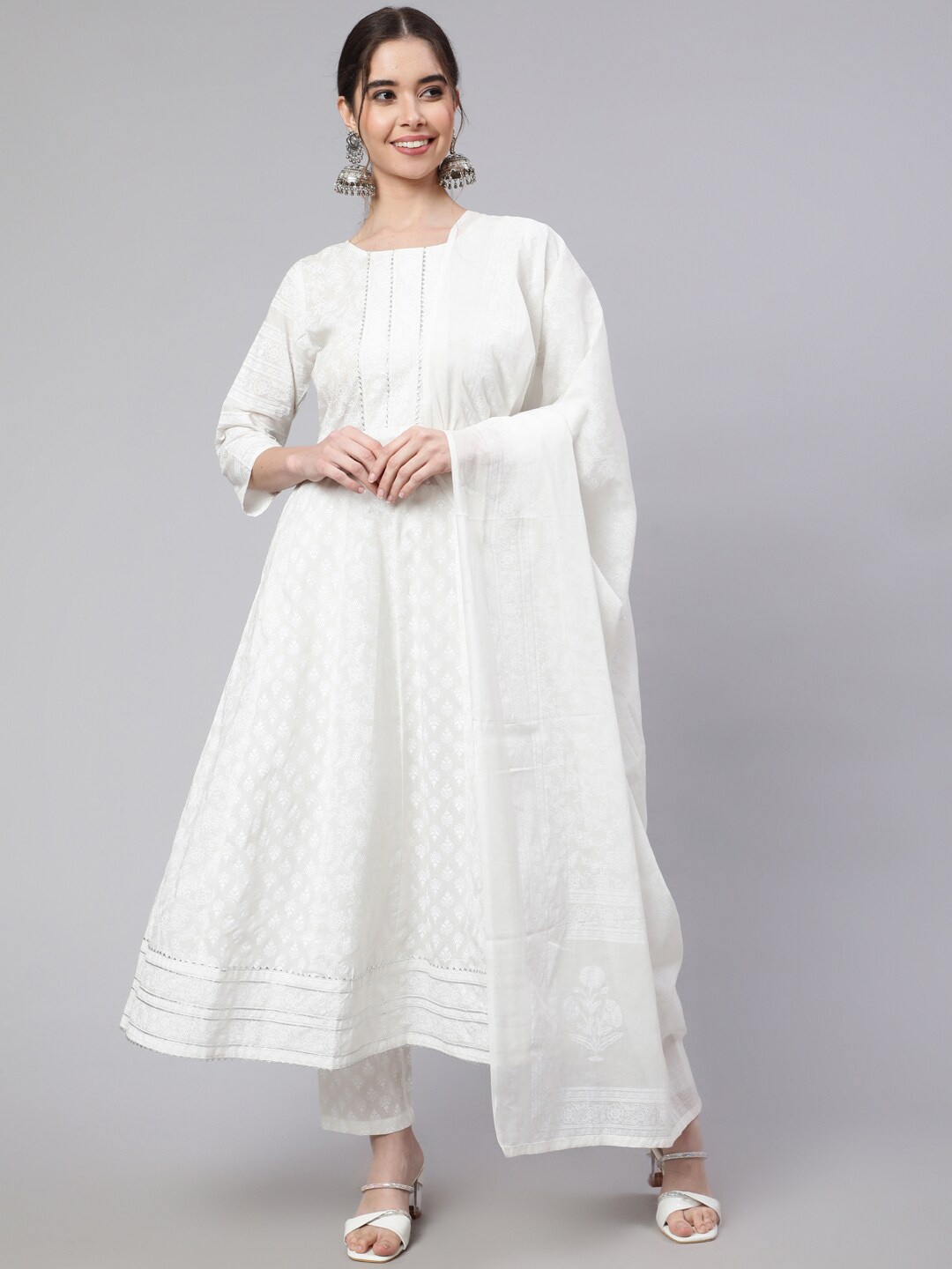 

Nayo Floral Printed Anarkali Pure Cotton Kurta with Trousers & Dupatta, Off white