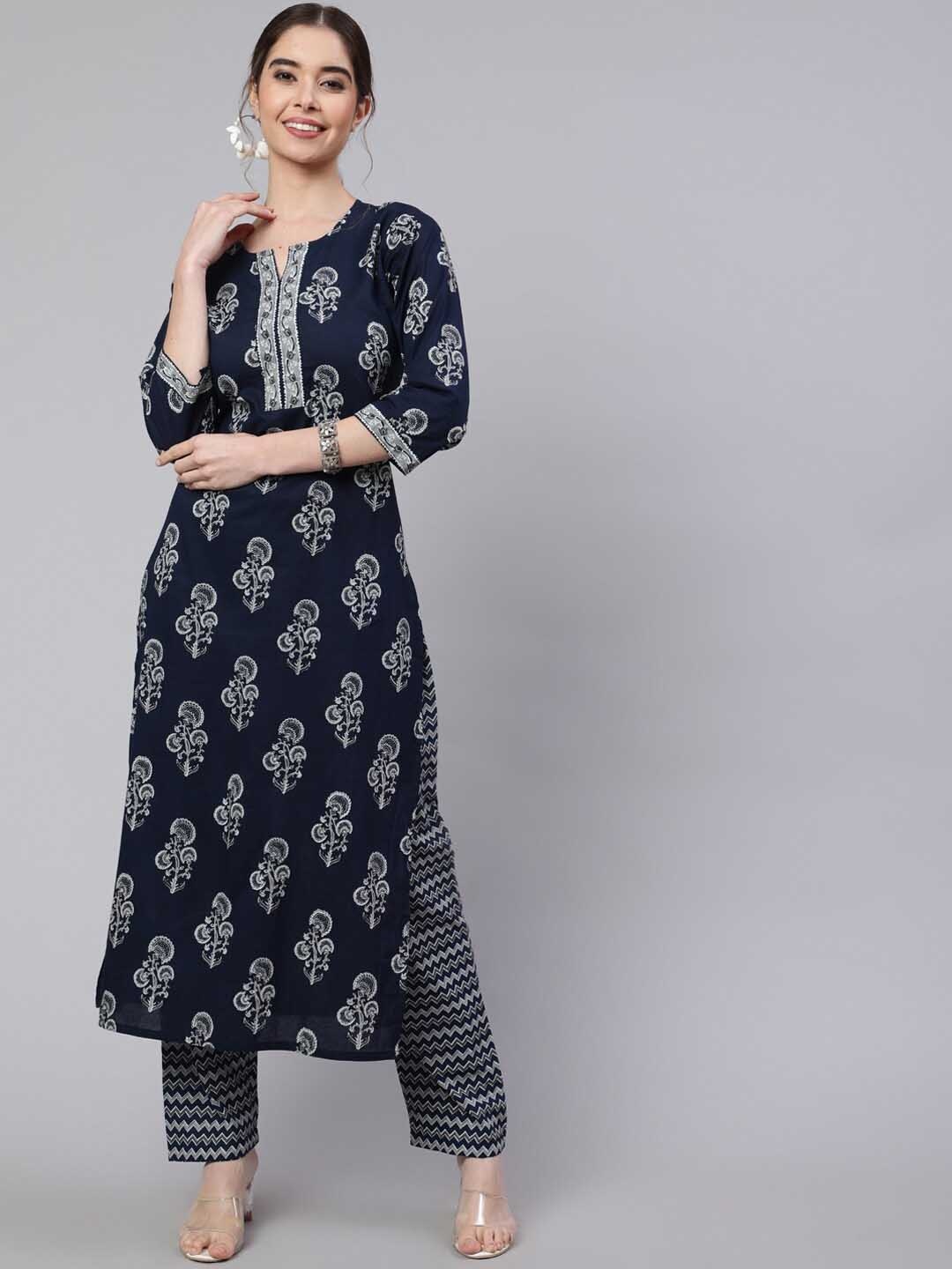 

Nayo Women Navy Blue Floral Printed Pure Cotton Kurta with Trousers