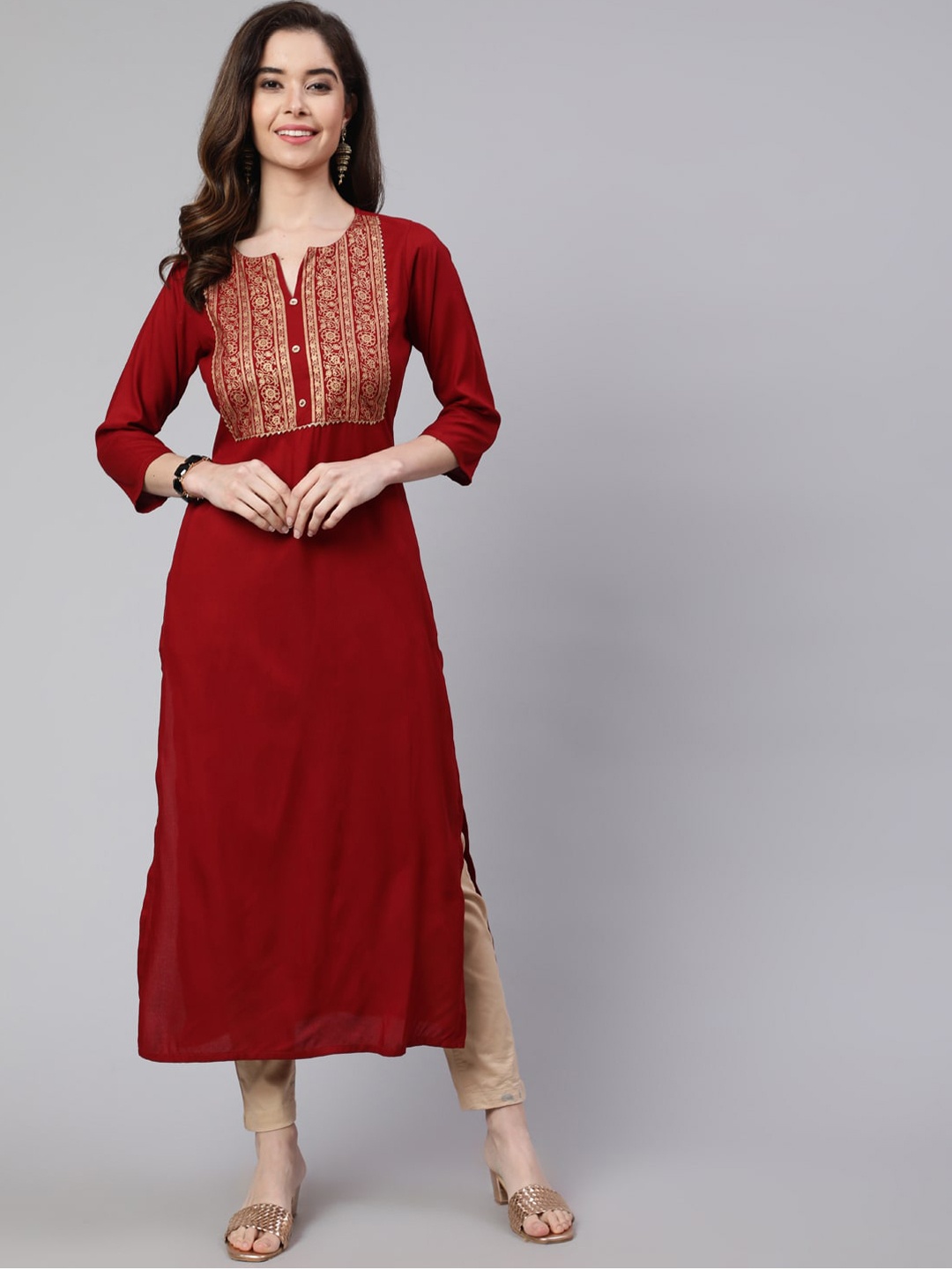 

Nayo Floral Yoke Design Straight Cotton Kurta, Maroon