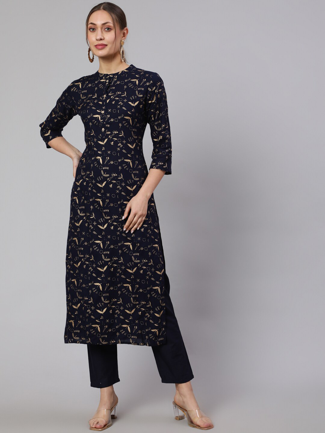 

Nayo Band Collar Floral Printed Pure Cotton Straight Kurta with Trousers, Navy blue