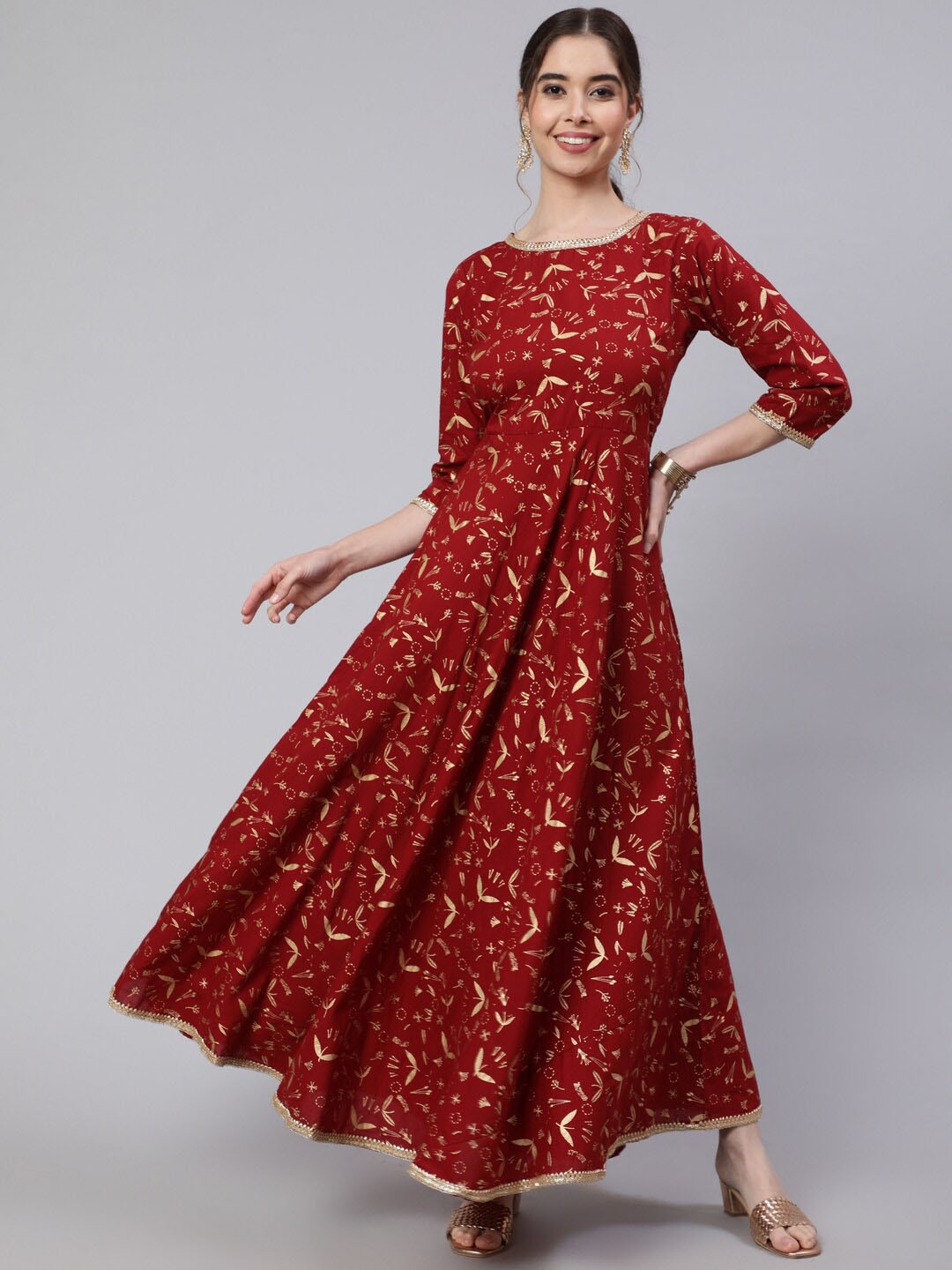 

Nayo Round Neck Tie-Up Detail Ethnic Maxi Dress, Maroon