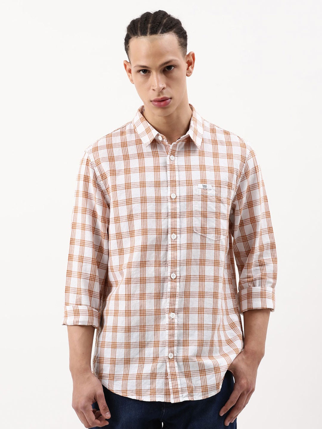 

Lee Checks Spread Collar Cotton Casual Shirt, White