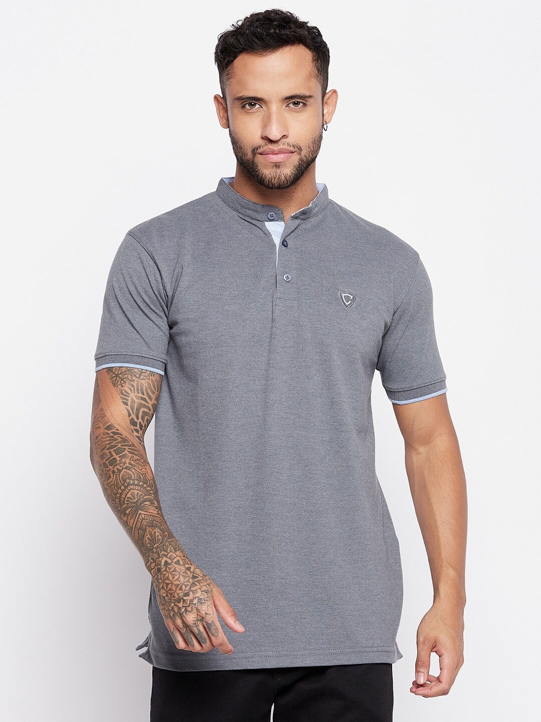 

Camey Mandarin Collar Short Sleeves Cotton T-shirt, Grey