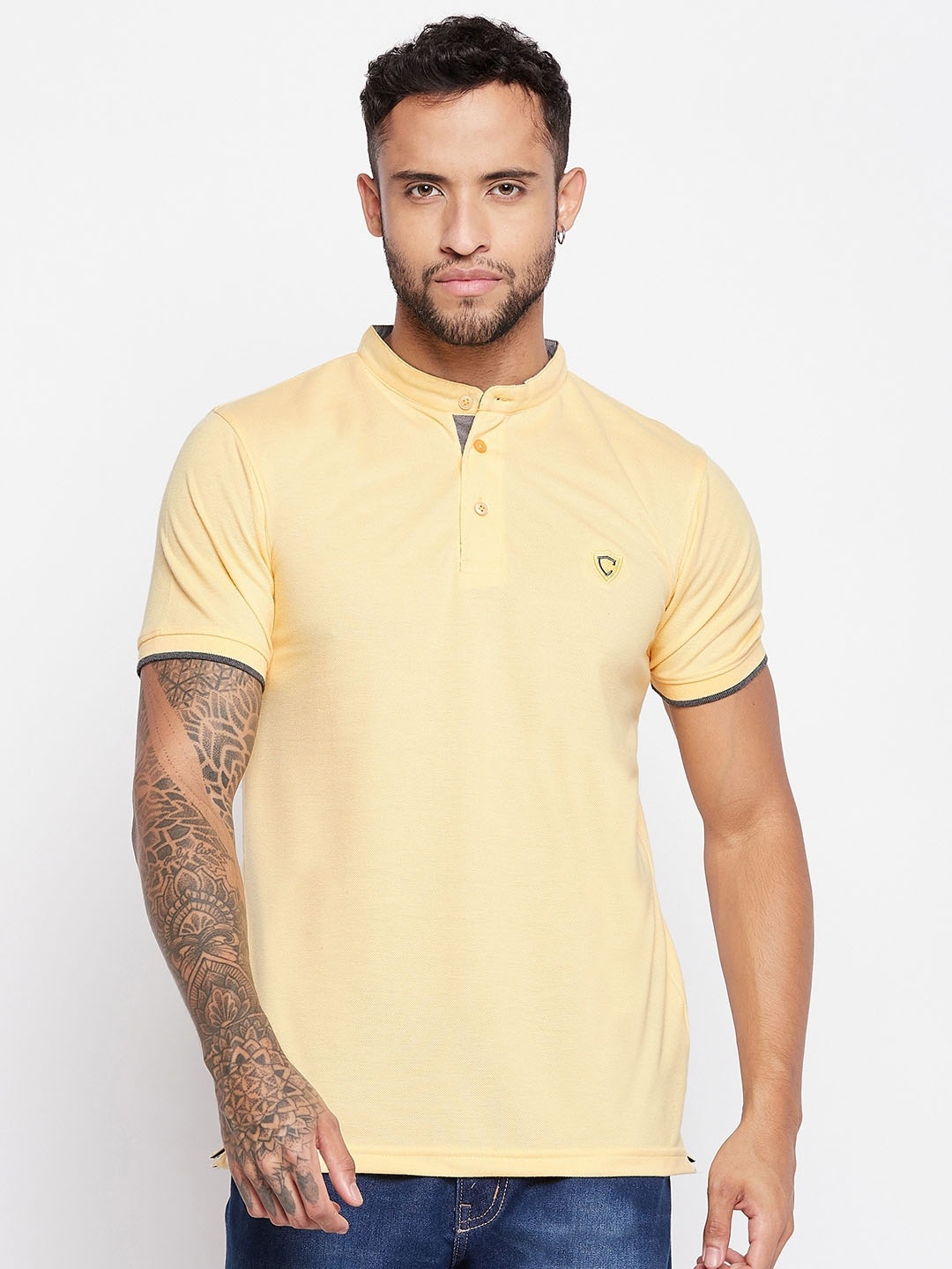 

Camey Mandarin Collar Short Sleeves Cotton T-shirt, Yellow
