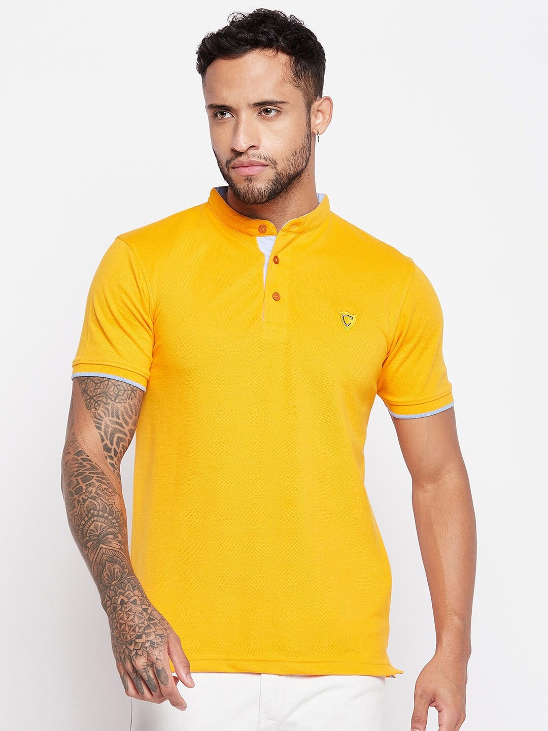 

Camey Men Pique Mandarin Collar Cotton T-shirt, Mustard