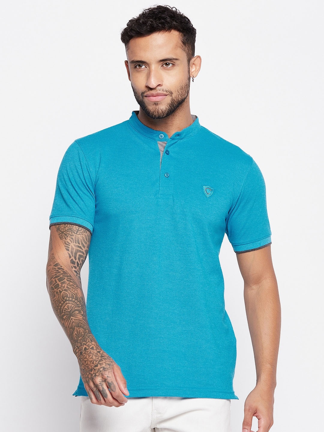 

Camey Mandarin Collar Cotton T-shirt, Turquoise blue