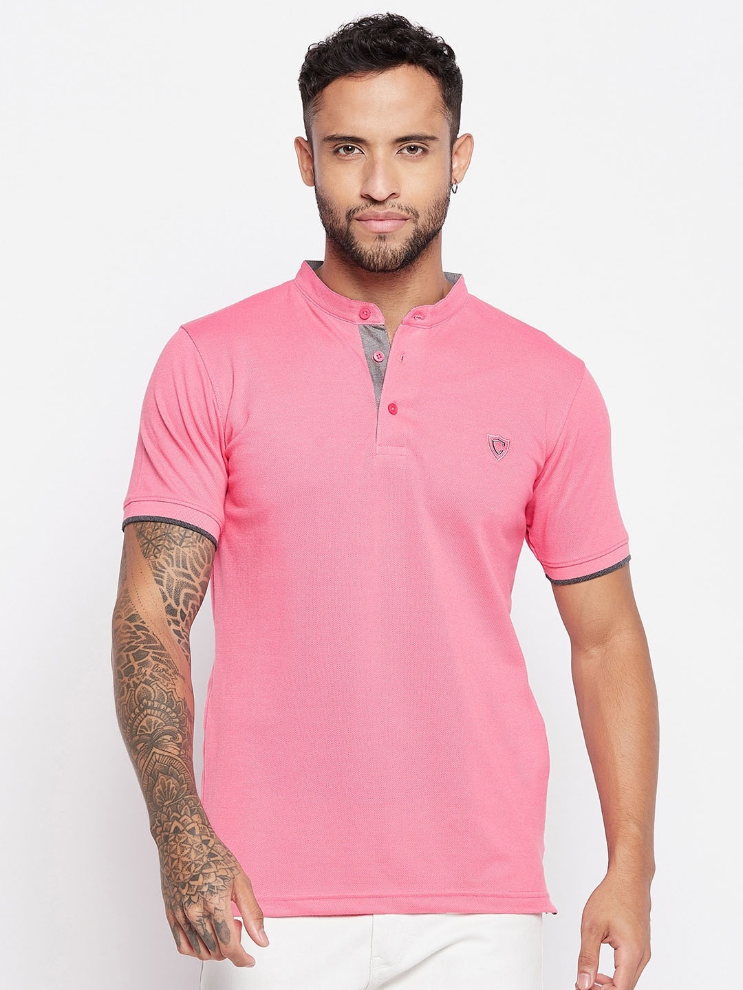 

Camey Mandarin Collar Cotton T-shirt, Pink