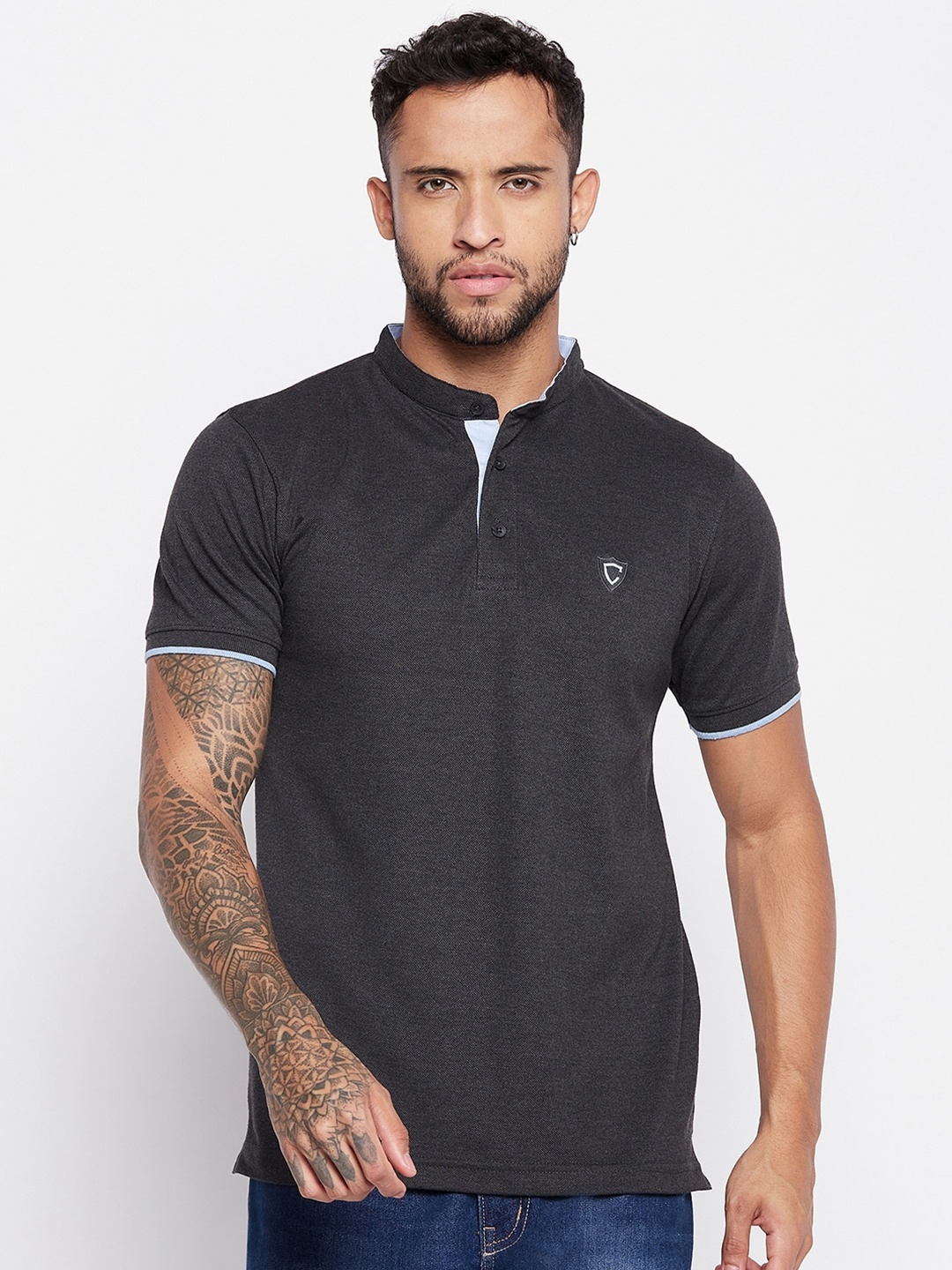 

Camey Mandarin Collar Cotton T-shirt, Charcoal