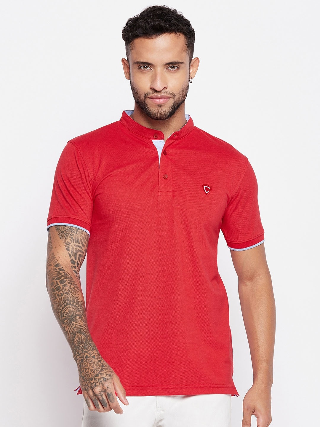 

Camey Mandarin Collar Cotton T-shirt, Red