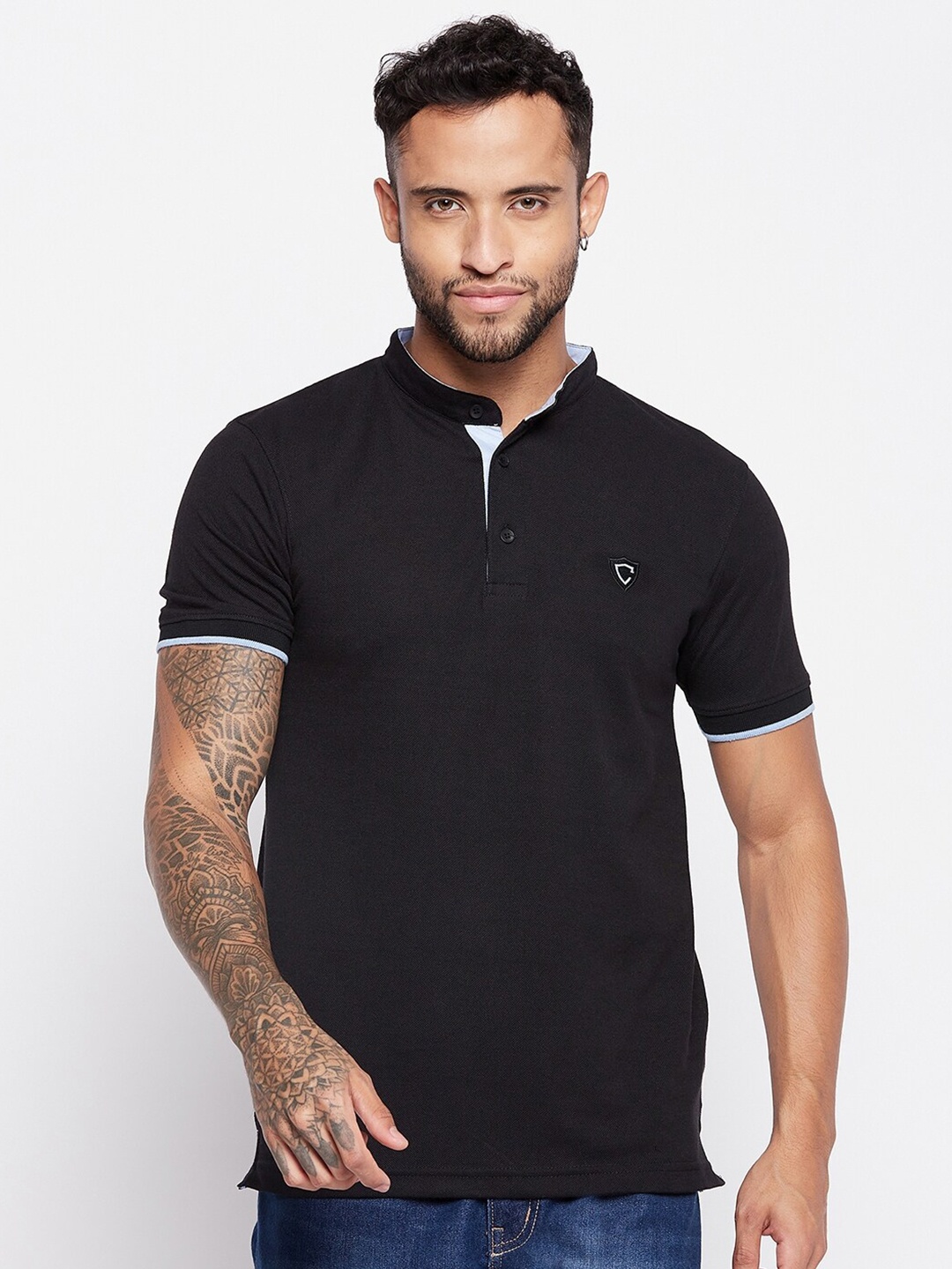 

Camey Henley Neck Cotton T-shirt, Black