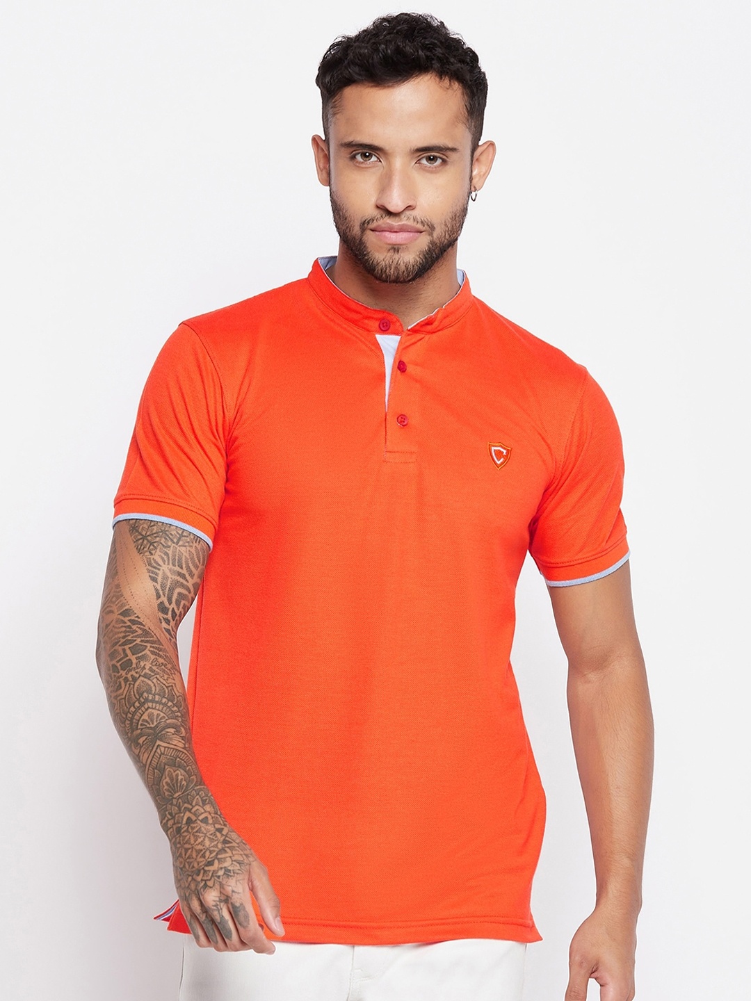 

Camey Mandarin Collar Cotton T-shirt, Orange