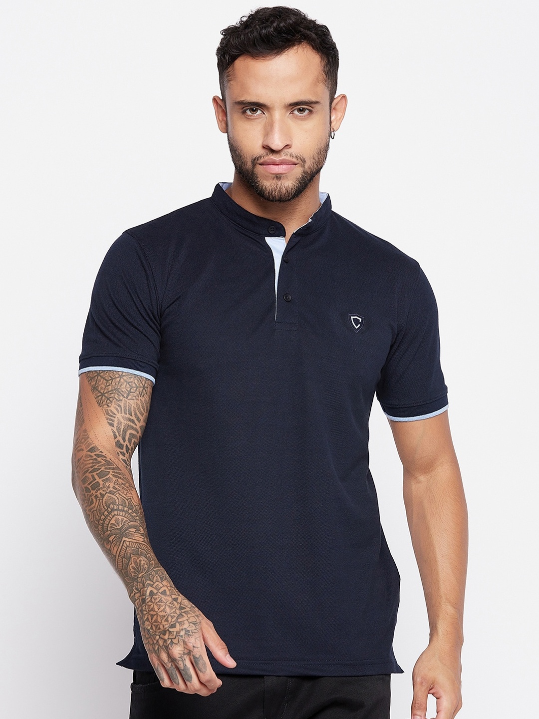 

Camey Mandarin Collar Short Sleeves Cotton T-shirt, Navy blue