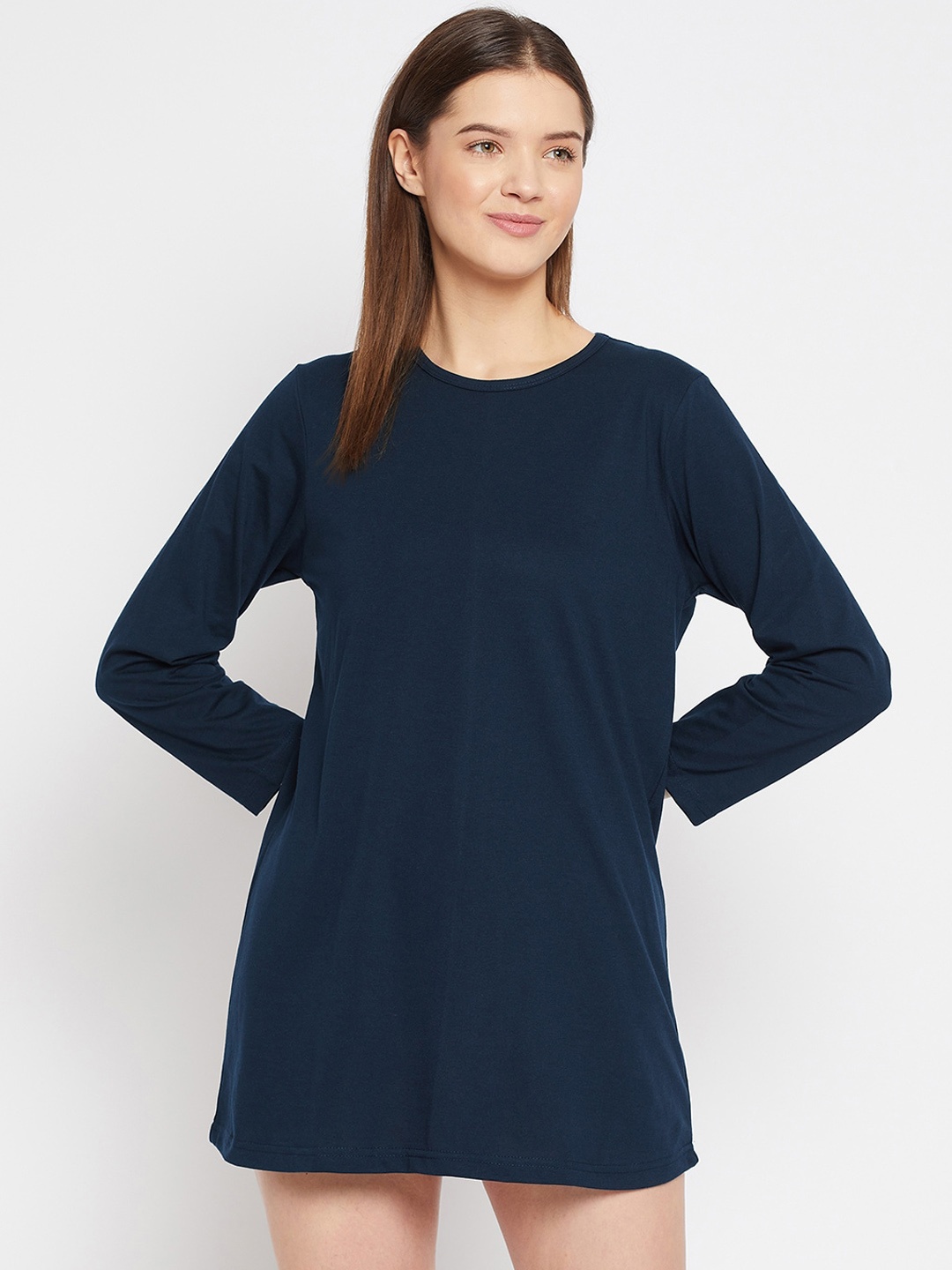 

FRENCH FLEXIOUS Women Round Neck Longline Lounge T-Shirts, Navy blue