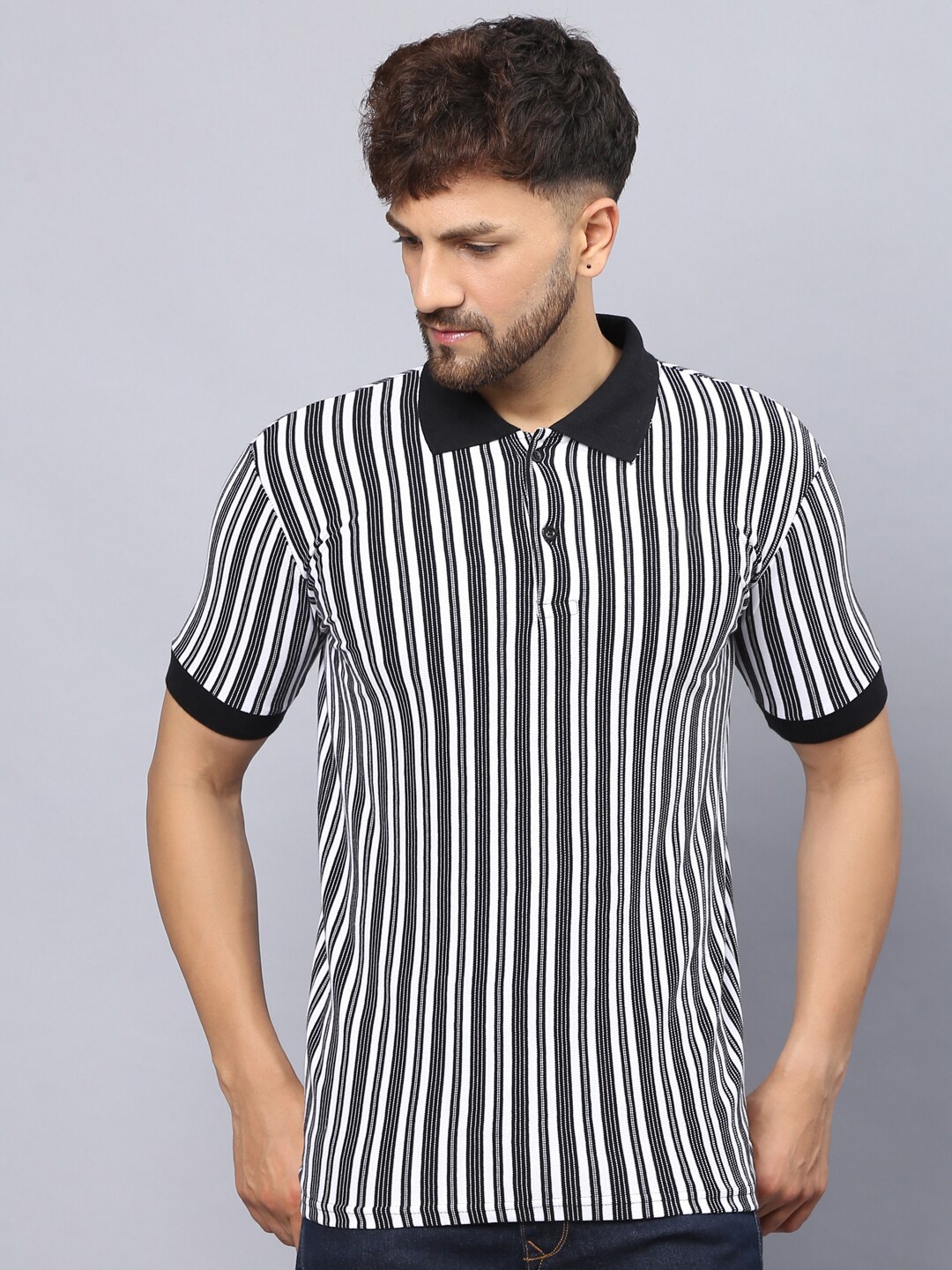 

THE EG STORE Striped Polo Collar Monochrome Pure Cotton Slim Fit T-shirt, White
