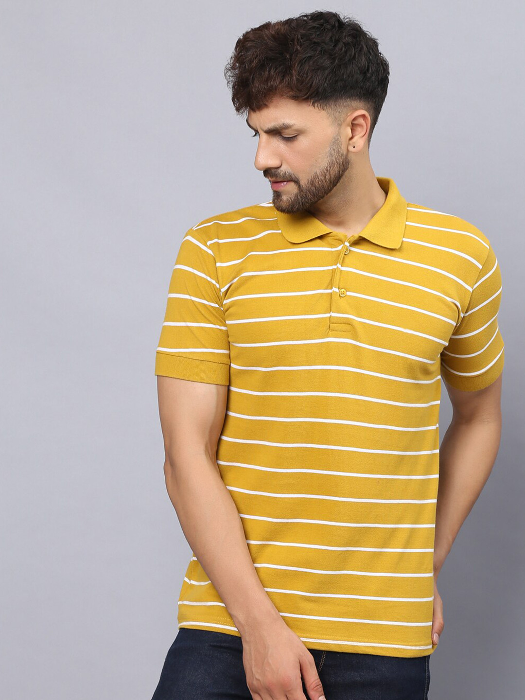 

THE EG STORE Striped Polo Collar Slim Fit Pure Cotton T-shirt, Yellow