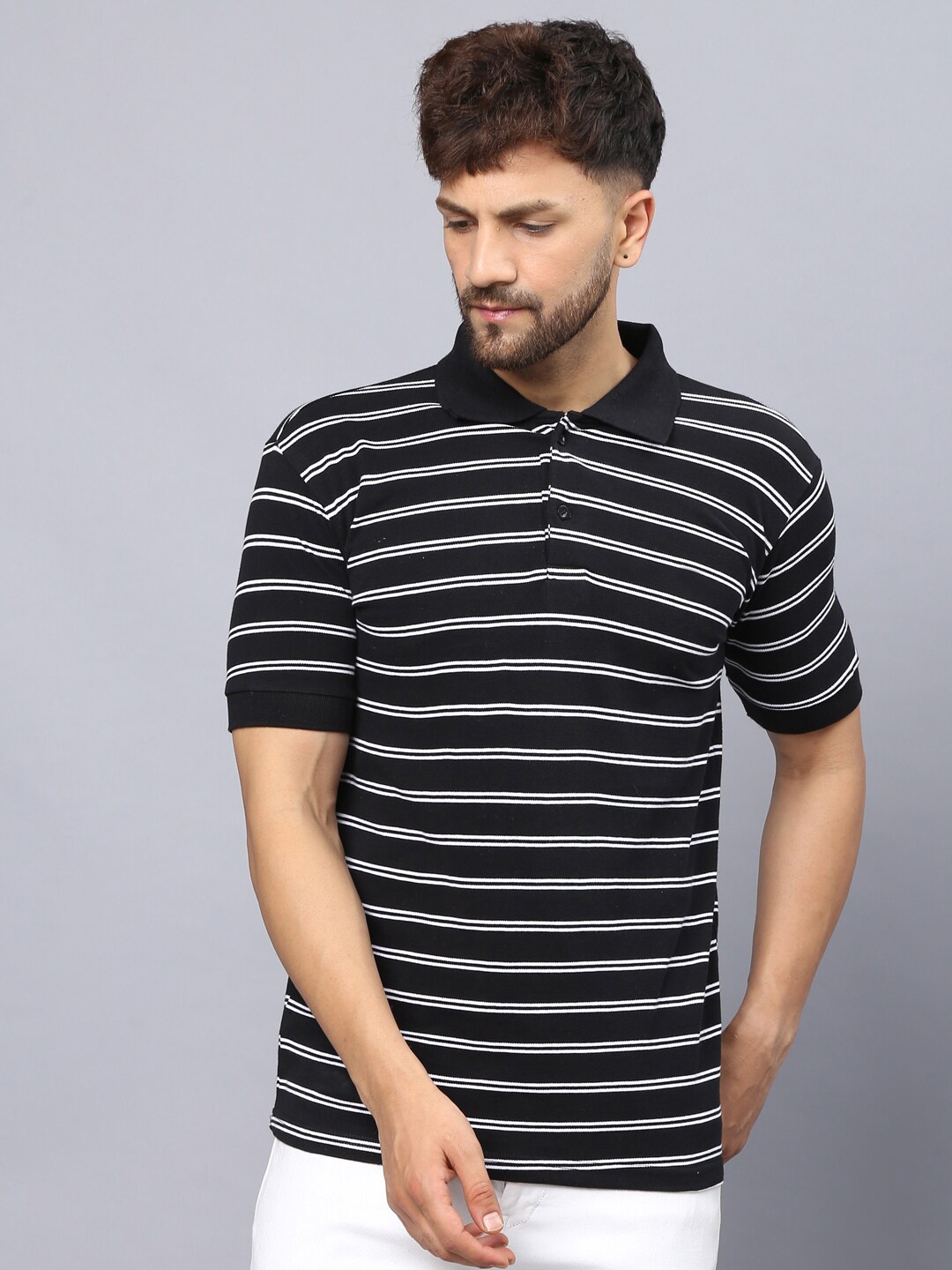 

THE EG STORE Striped Polo Collar Slim Fit Pure Cotton T-shirt, Black