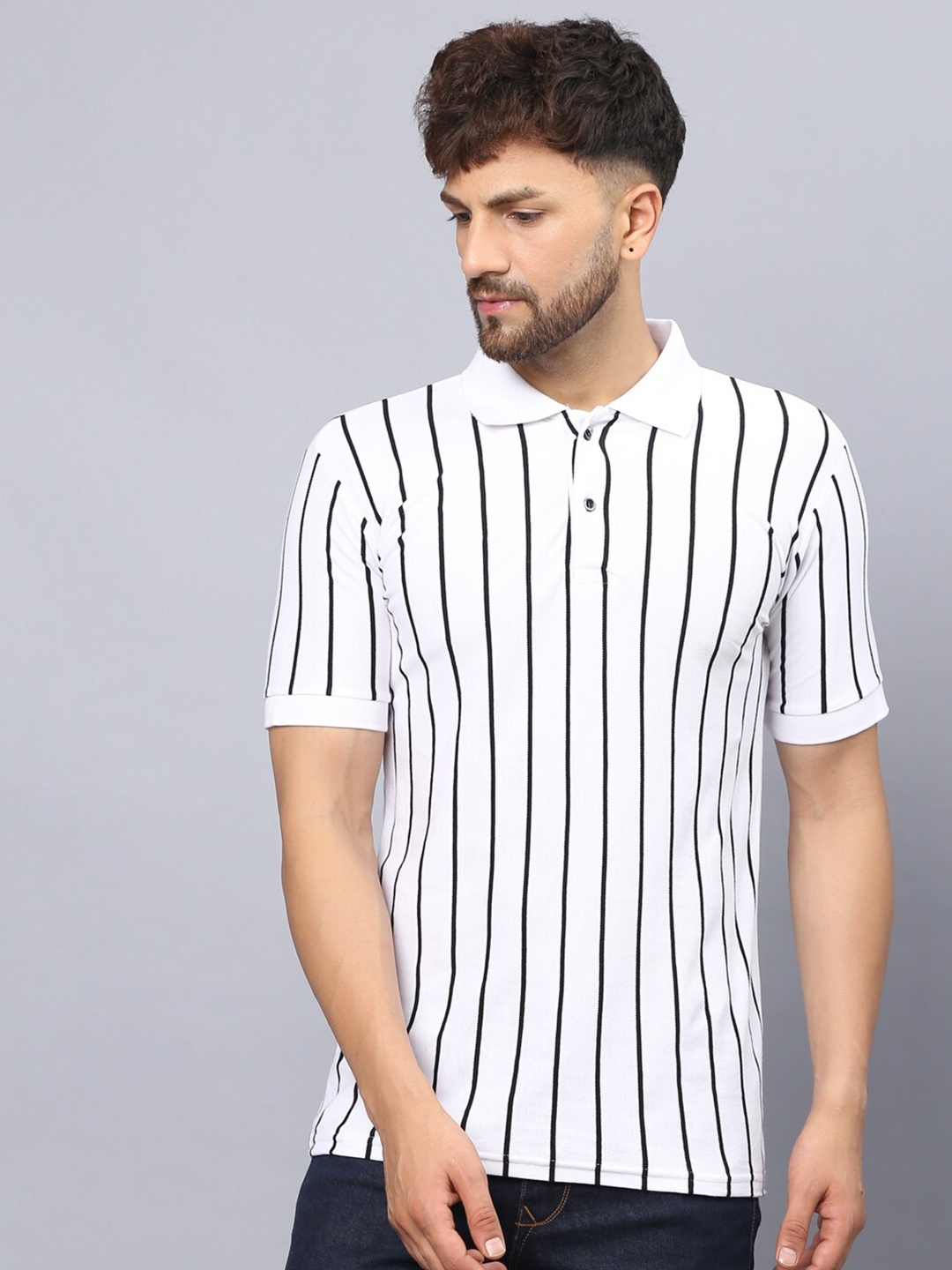 

THE EG STORE Pique Striped Polo Collar Cotton T-shirt, White