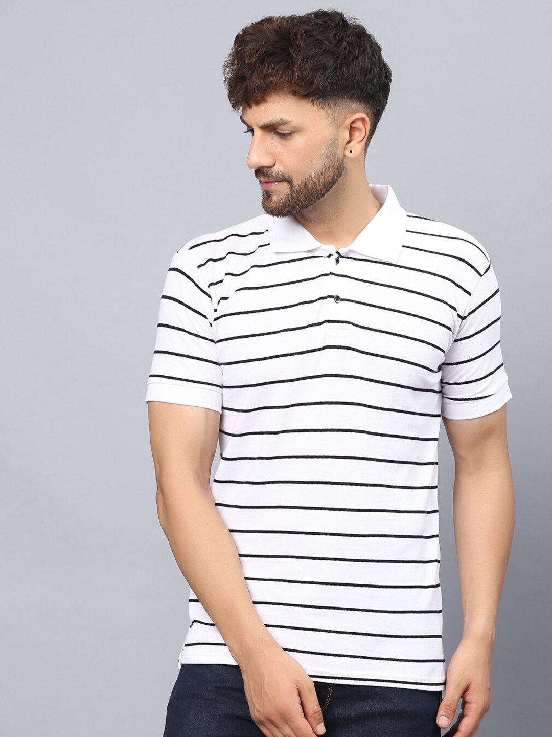 

THE EG STORE Pique Striped Polo Collar Cotton T-shirt, White