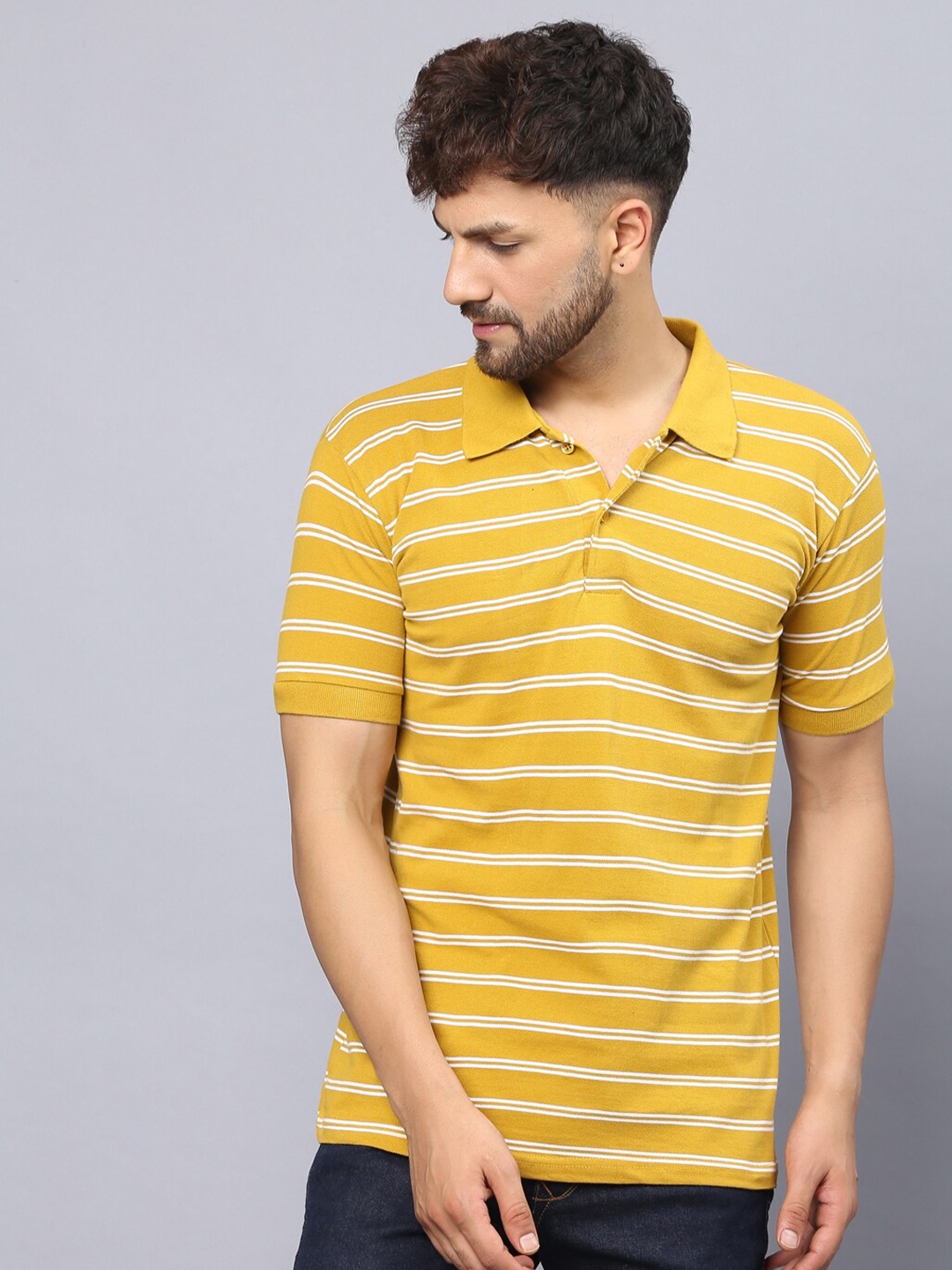 

THE EG STORE Striped Polo Collar Pure Cotton Slim Fit T-shirt, Yellow