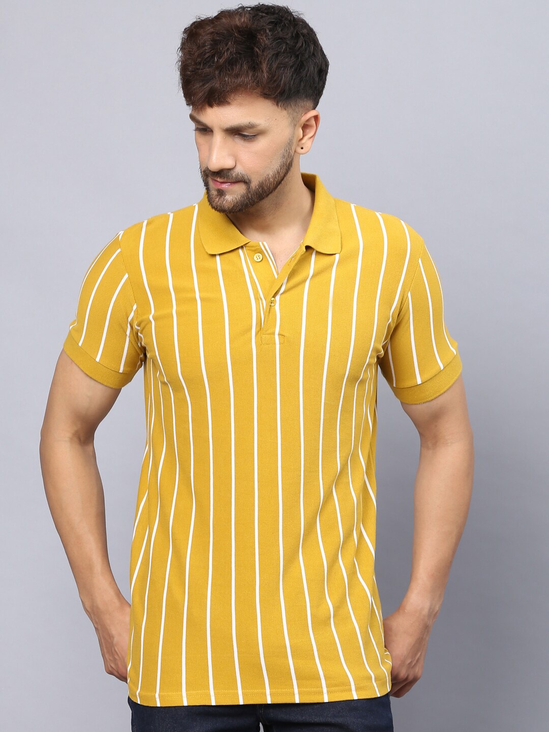 

THE EG STORE Striped Polo Collar Pure Cotton Slim Fit T-shirt, Yellow