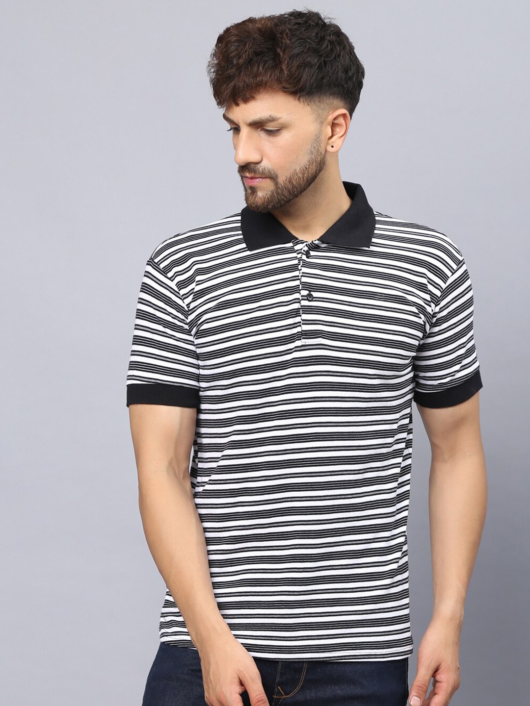 

THE EG STORE Striped Polo Collar Pure Cotton Slim Fit T-shirt, White