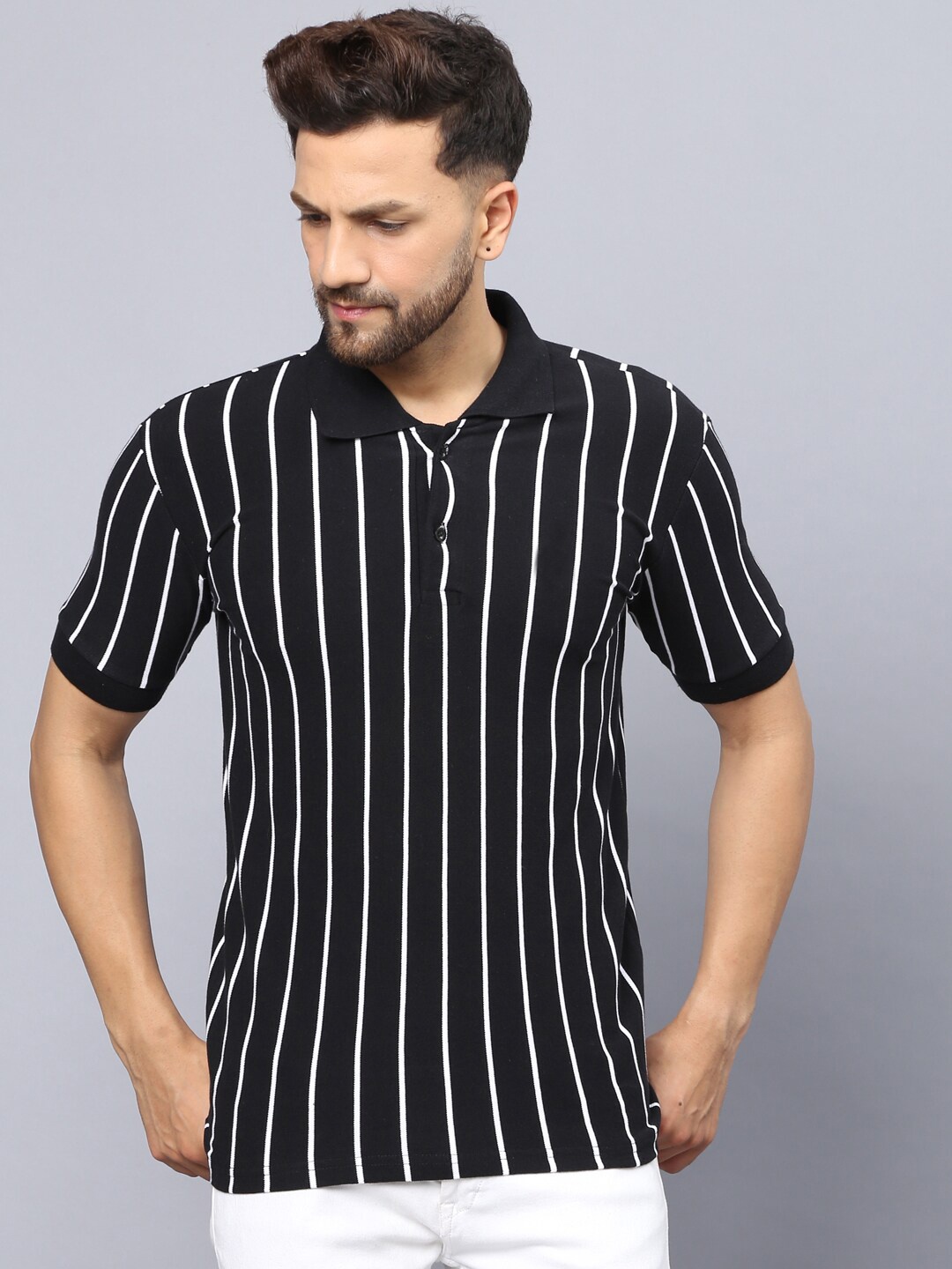 

THE EG STORE Striped Polo Collar Pure Cotton Slim Fit T-shirt, Black