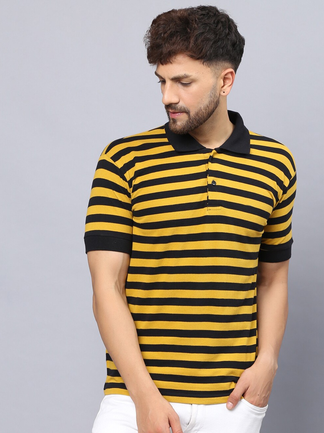 

THE EG STORE Striped Polo Collar Cotton T-shirt, Mustard