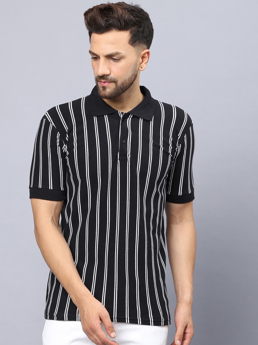 

THE EG STORE Striped Polo Collar Cotton T-shirt, Black