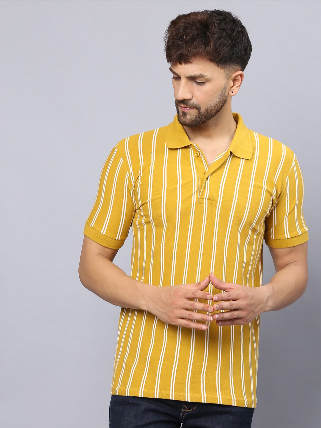 

THE EG STORE Striped Polo Collar Cotton Slim Fit T-shirt, Mustard