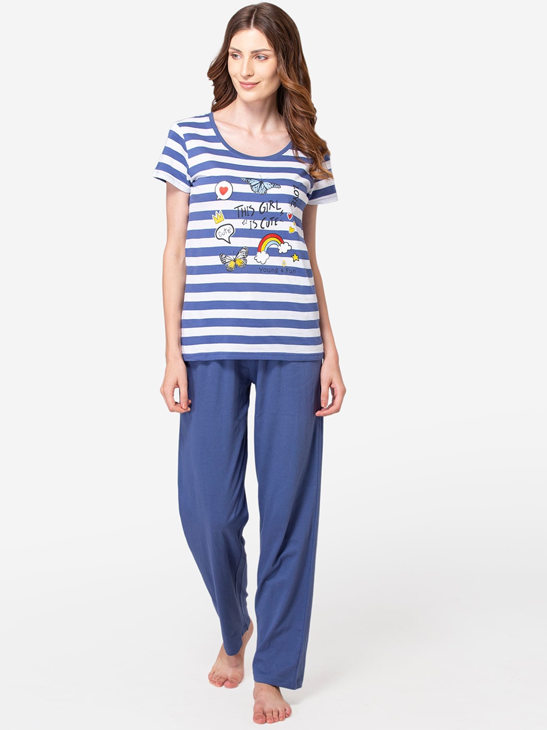 

Lounge Dreams Conversational Printed Pure Cotton Night Suit, Blue
