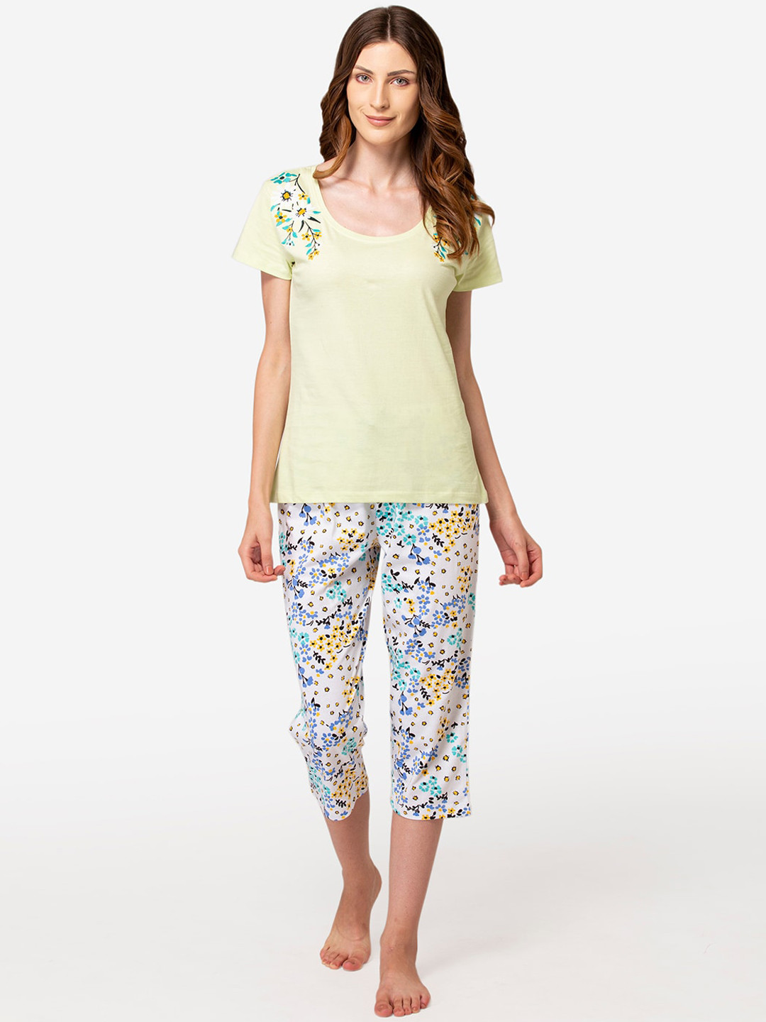 

Lounge Dreams Floral Printed Pure Cotton Night Suit, Sea green