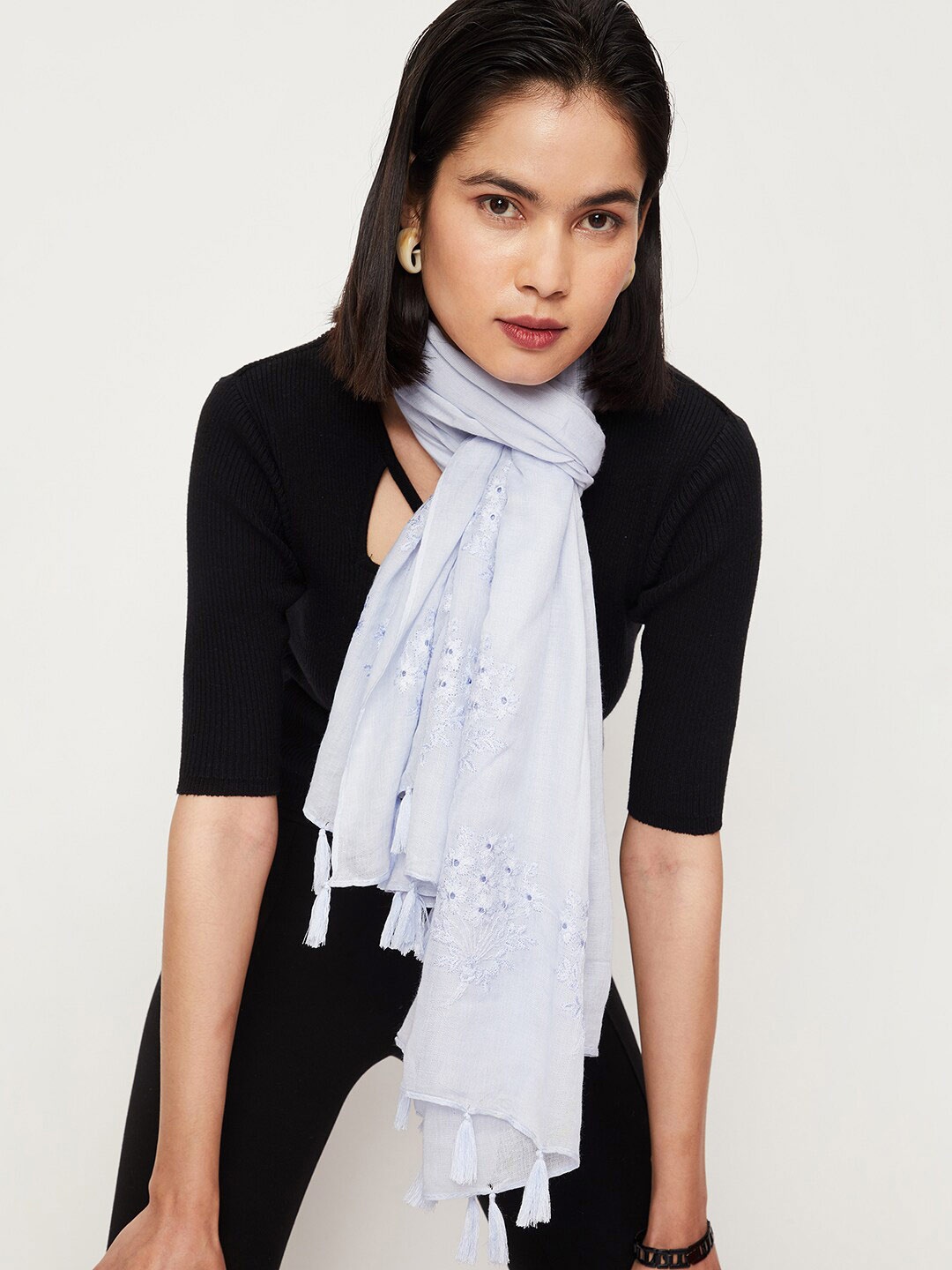 

max Floral Self Design Scarf With Tasselled Border, Blue