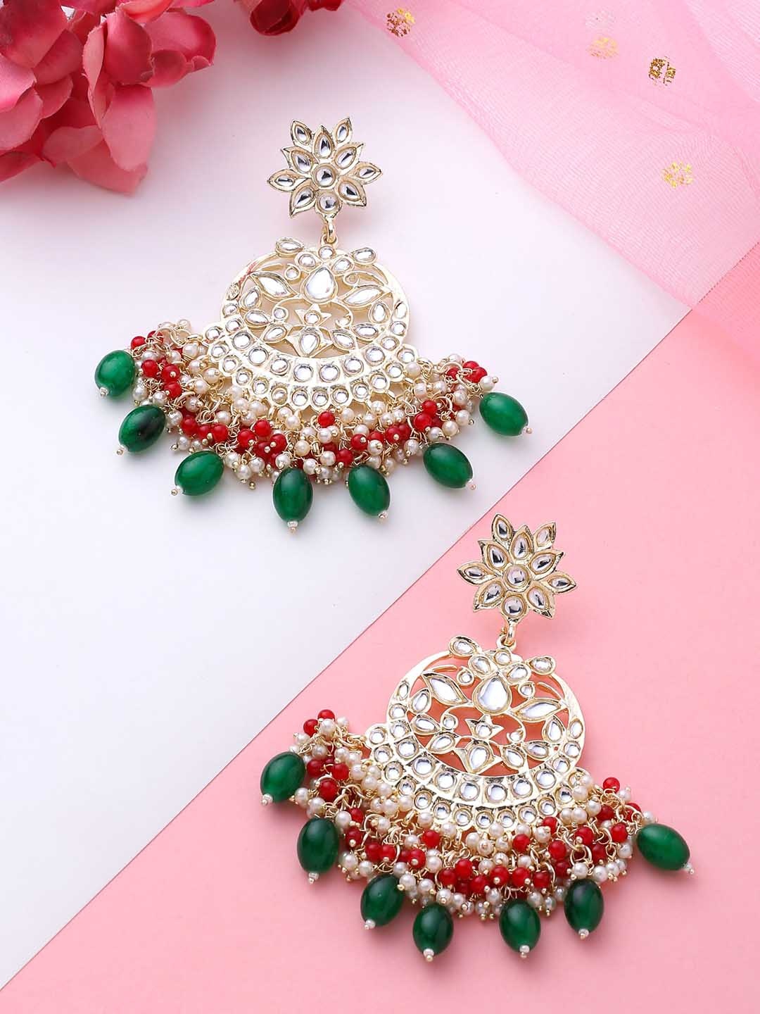 

Yellow Chimes Gold Plated Contemporary Kundan Studded Chandbalis Earrings, Red