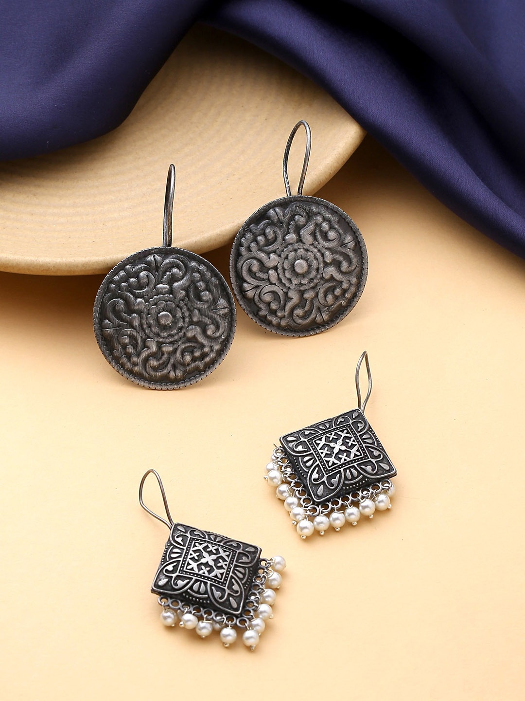 

Yellow Chimes Set Of 2 Silver-Plated Oxidised moti Beaded Contemporary Drop Earrings, White
