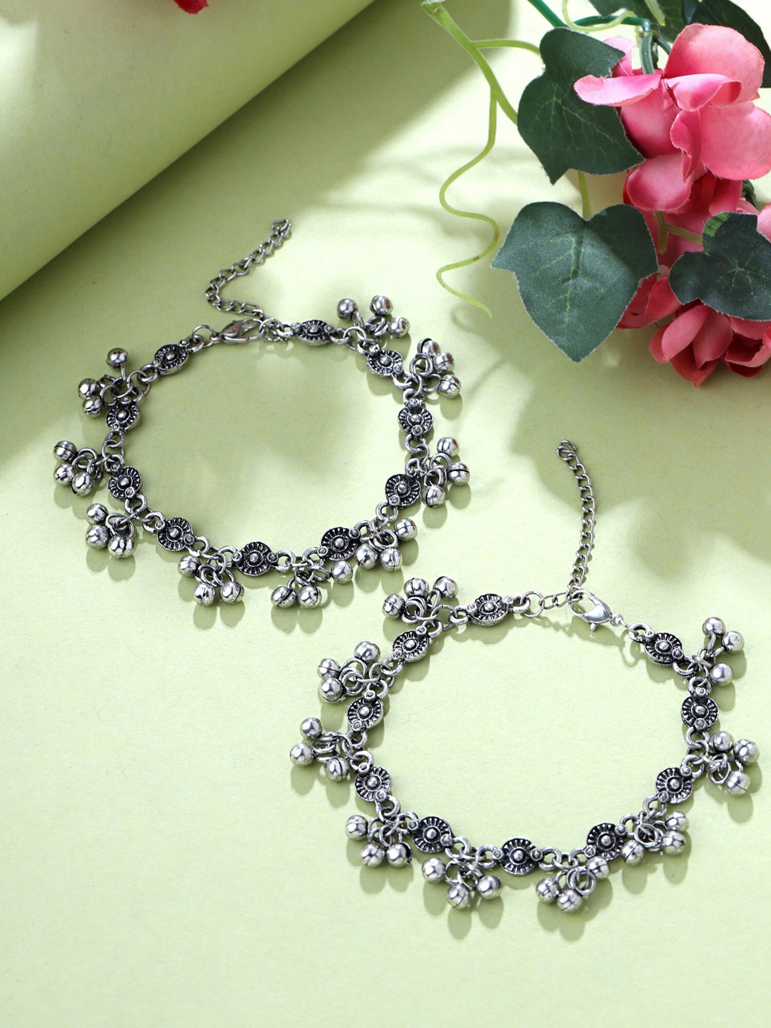 

Yellow Chimes Set Of 2 Oxidised Ghungroo Anklets, Silver