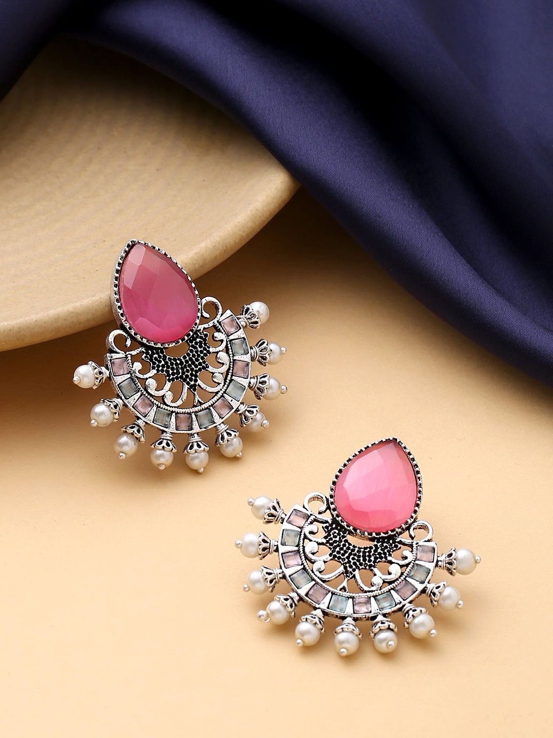 

Yellow Chimes Silver Plated Stone Studded Contemporary Drop Earrings, Pink