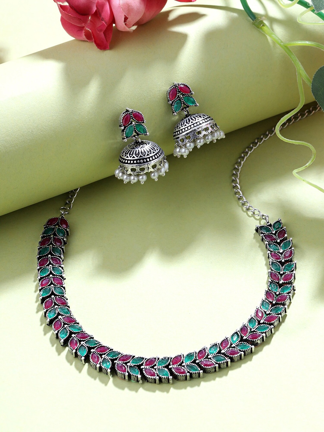

Yellow Chimes Silver Oxidied Stone studded Moti Beadded Jewellery Set, Green