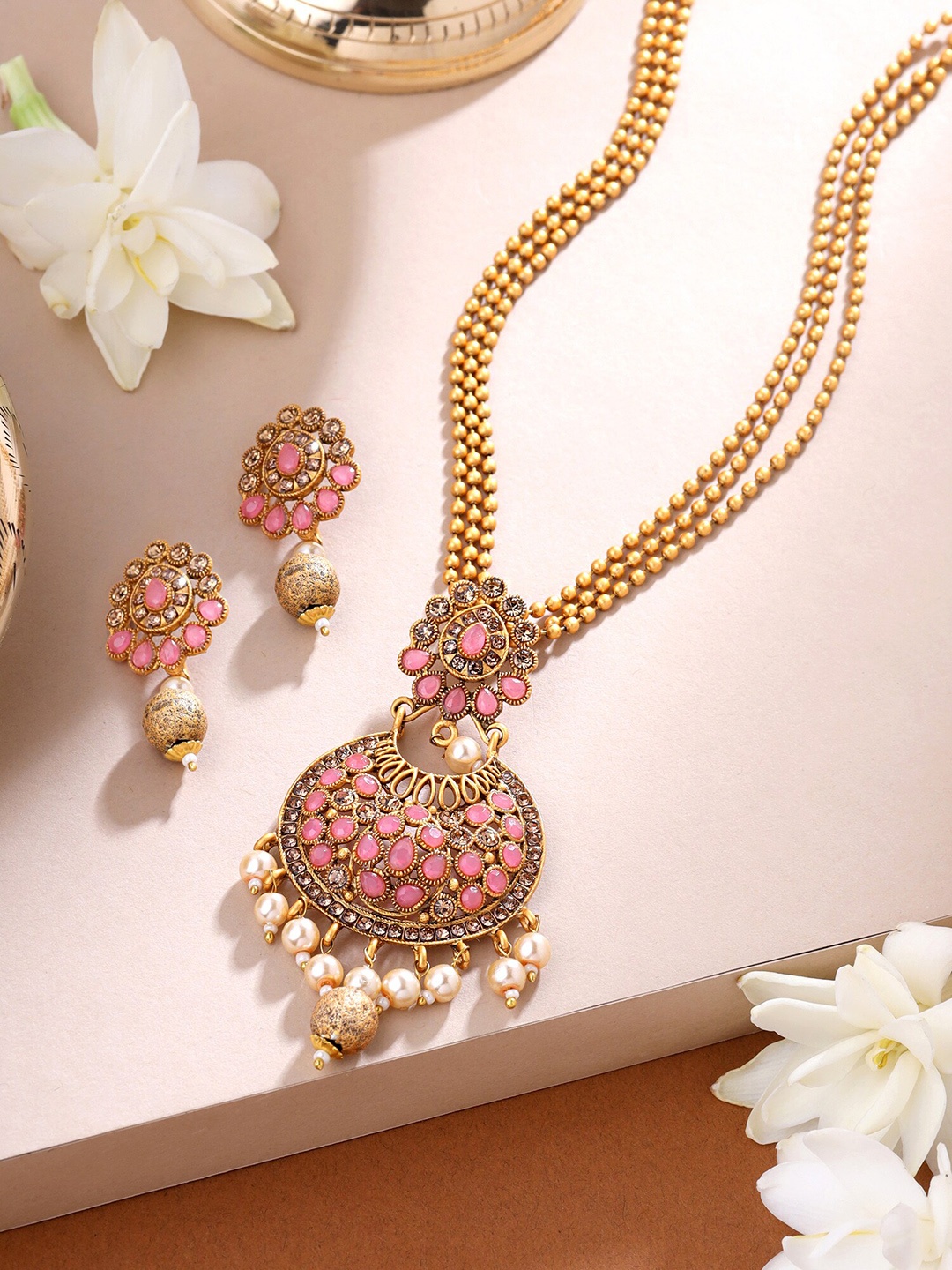 

Yellow Chimes Gold-Plated Stone Studded & Pearl Beaded Long Jewellery Set, Pink