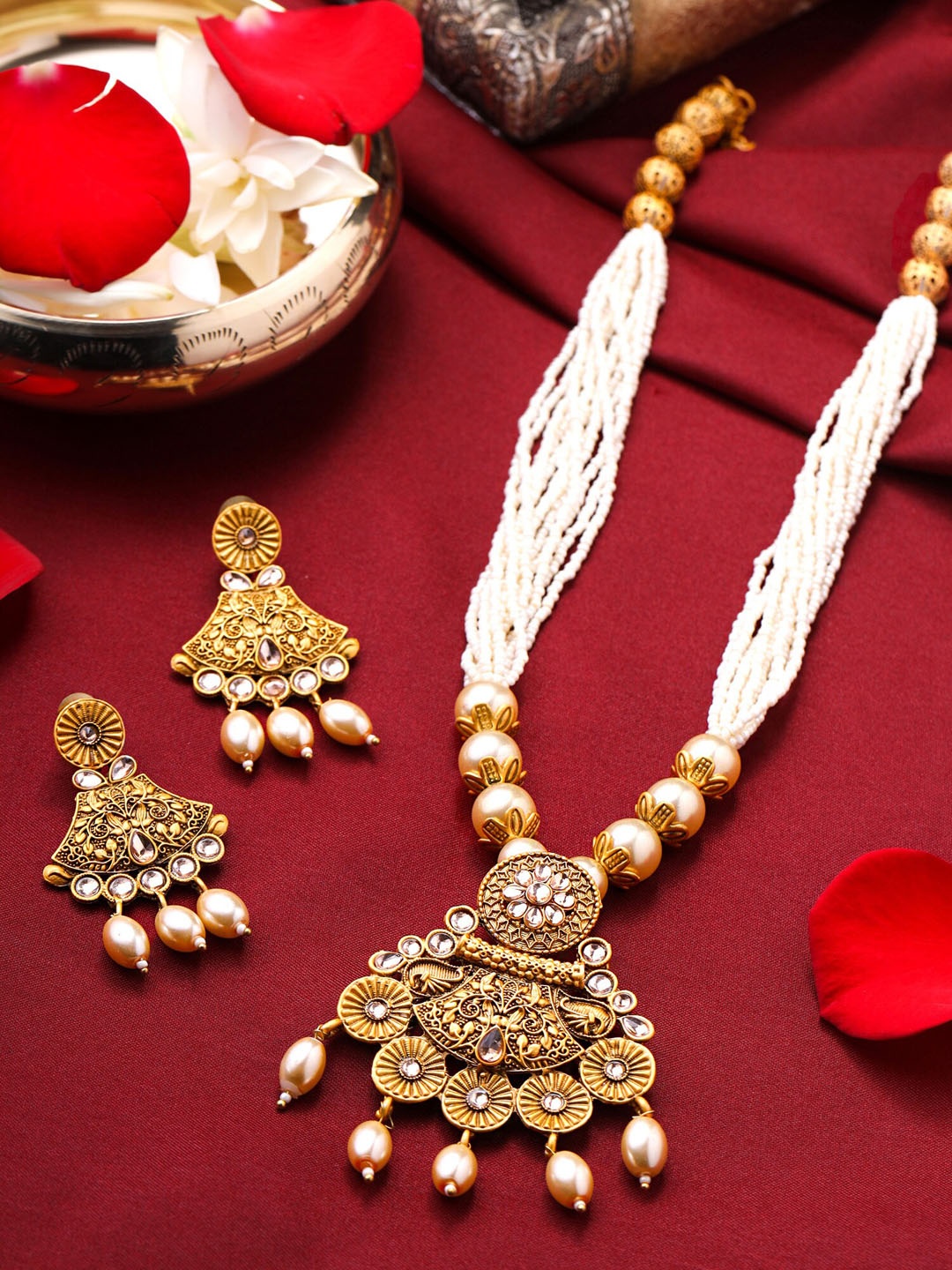 

Yellow Chimes Gold-Plated Stone-Studded & Pearls Beaded Jewellery Set, White