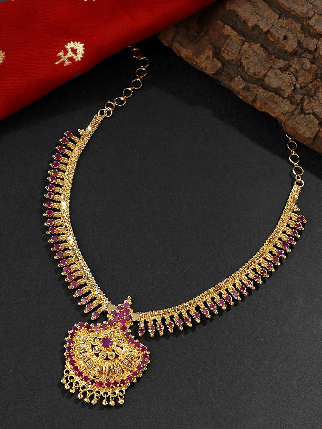 

Yellow Chimes Gold-Plated AD-Studded Necklace, Pink