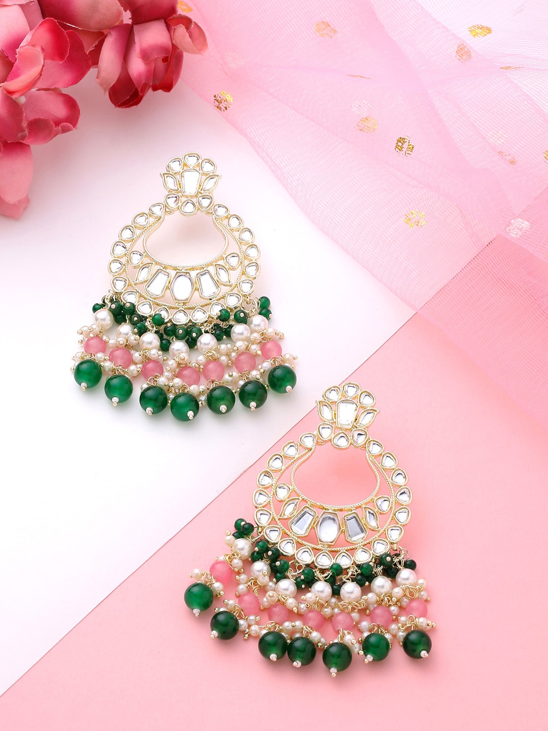 

Yellow Chimes Gold Plated Contemporary Kundan Chandbalis Earrings, Green