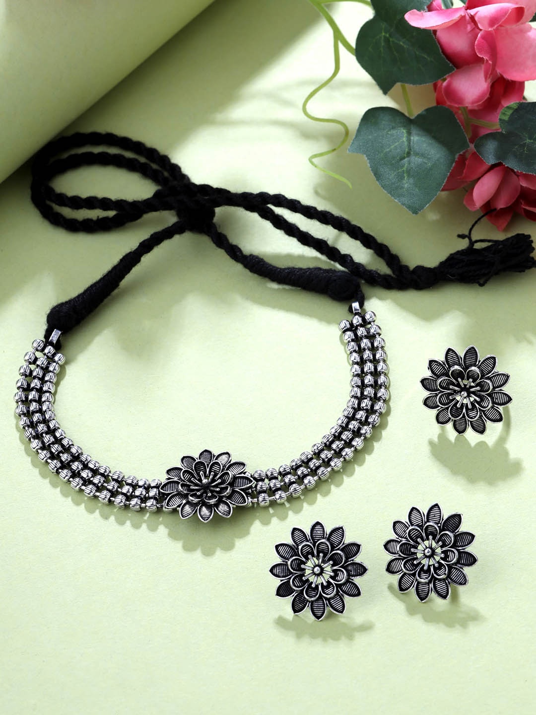 

Yellow Chimes Oxidised Silver Floral Charmed Necklace with Earring & Ring